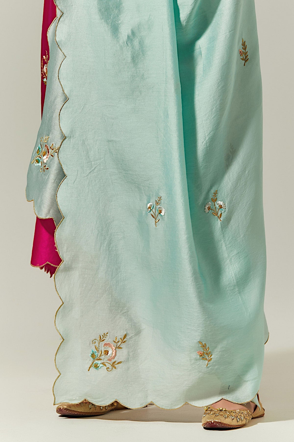 Mint  Silk Chanderi Hand Embroidered Dupatta