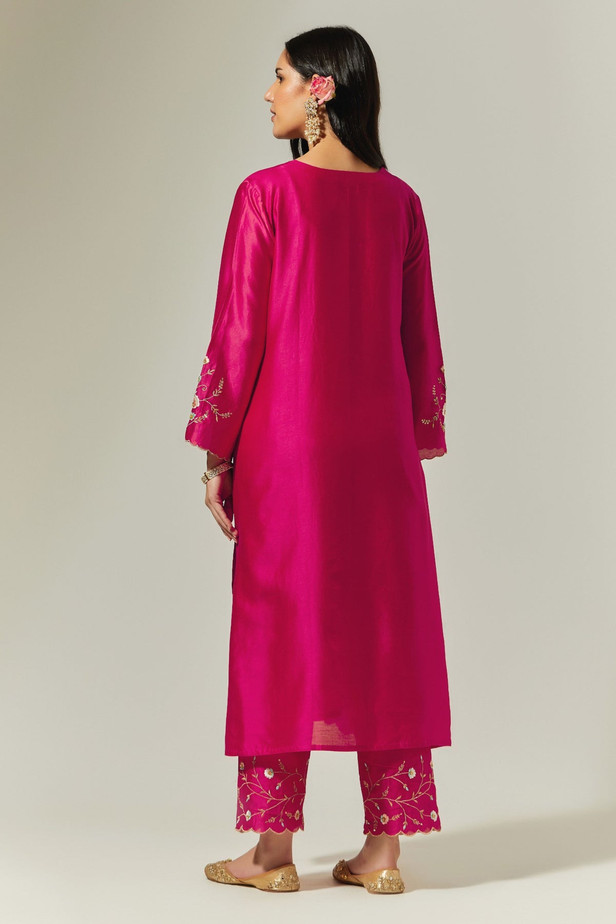 Fuchsia Silk Chanderi Hand Embroidered Kurta