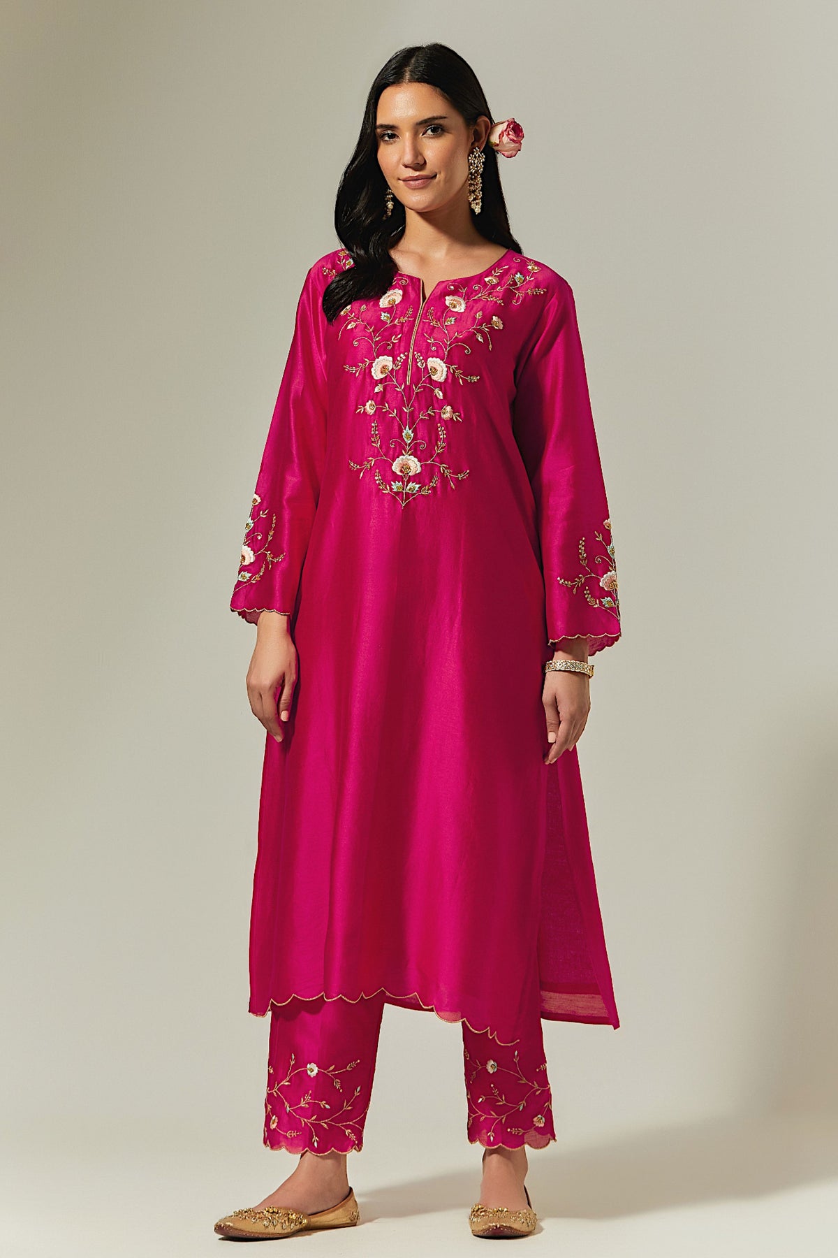 Fuchsia Silk Chanderi Hand Embroidered Kurta