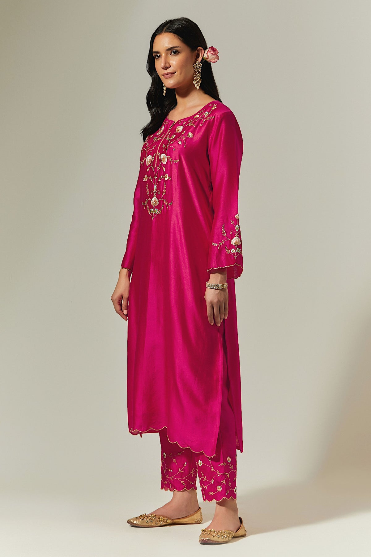 Fuchsia Silk Chanderi Hand Embroidered Kurta