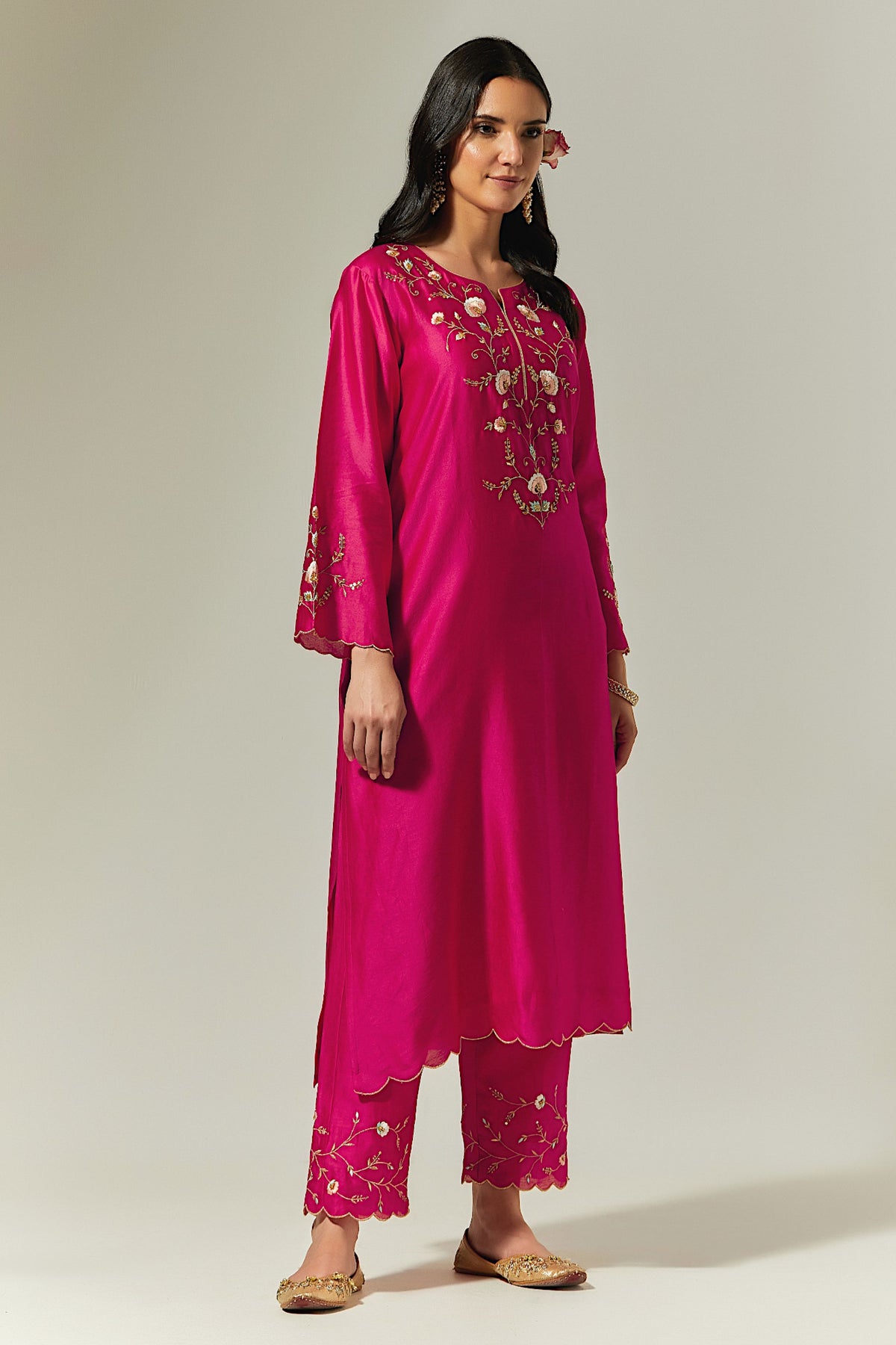 Fuchsia Silk Chanderi Hand Embroidered Kurta