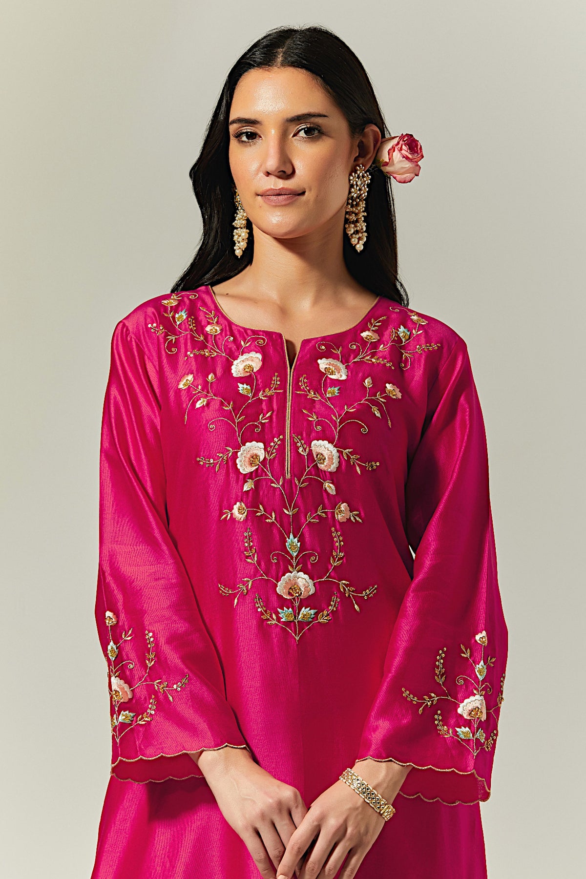 Fuchsia Silk Chanderi Hand Embroidered Kurta