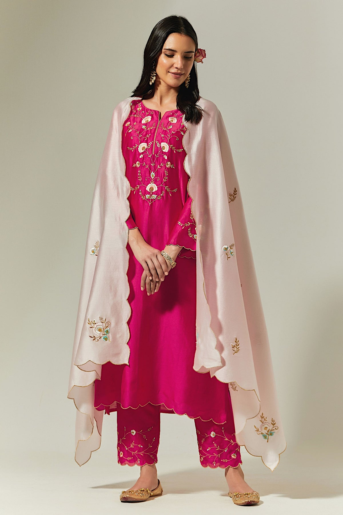 Fuchsia Silk Chanderi Hand Embroidered Kurta