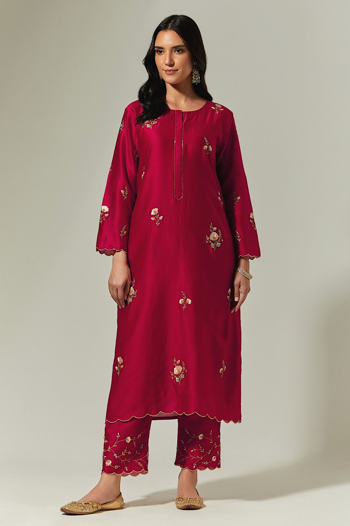 Red Silk Chanderi Hand Embroidered Kurta With Plackett