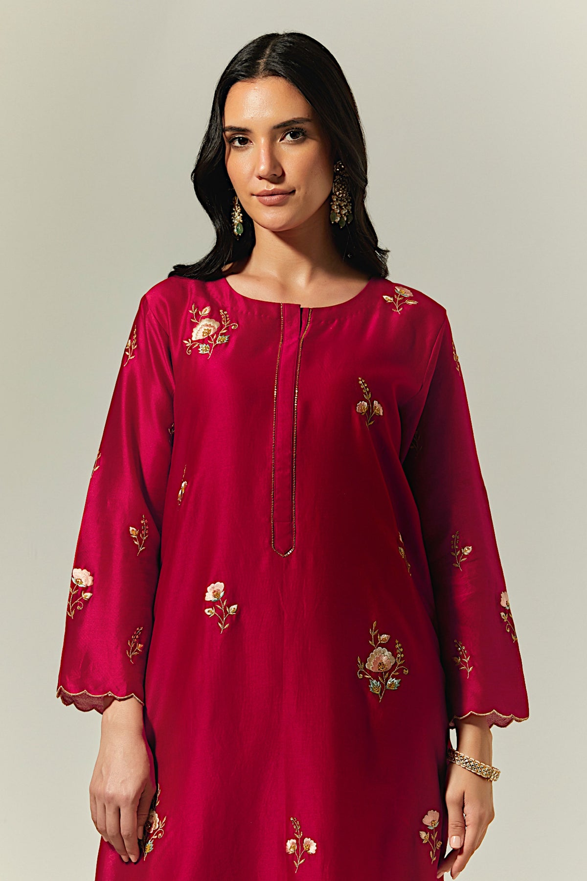 Red Silk Chanderi Hand Embroidered Kurta With Plackett