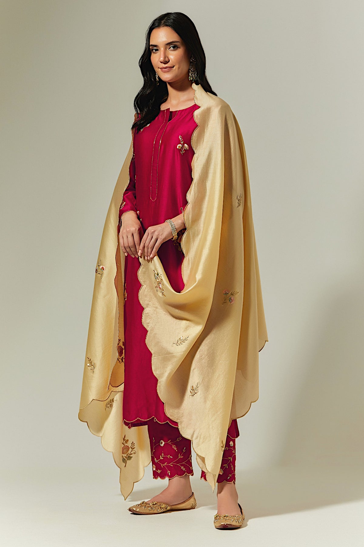 Beige Silk Chanderi Hand Embroidered Dupatta