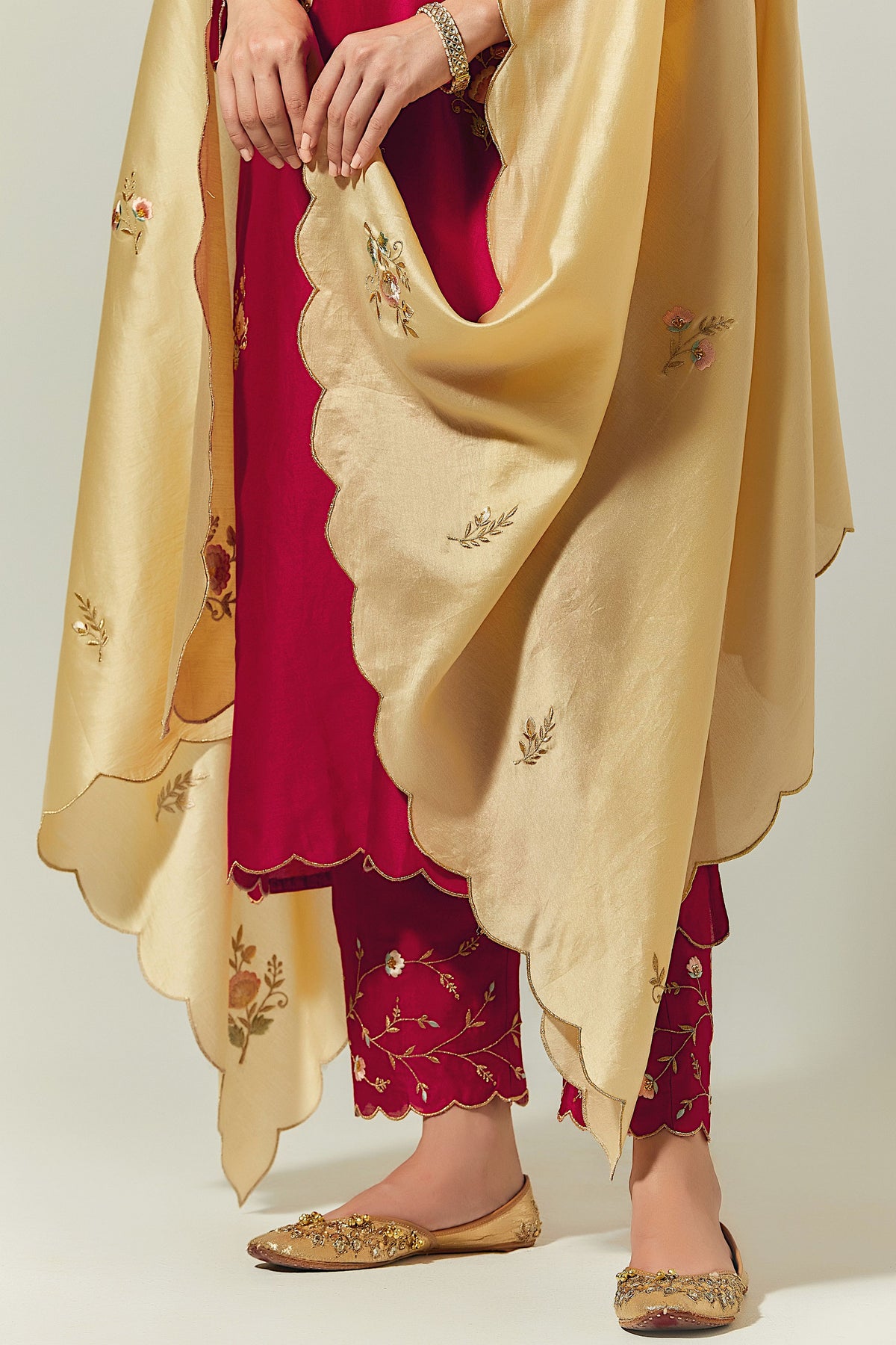 Beige Silk Chanderi Hand Embroidered Dupatta