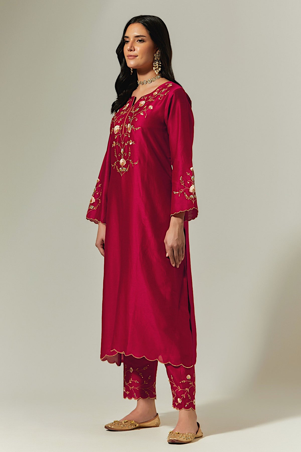 Red Silk Chanderi Hand Embroidered Kurta