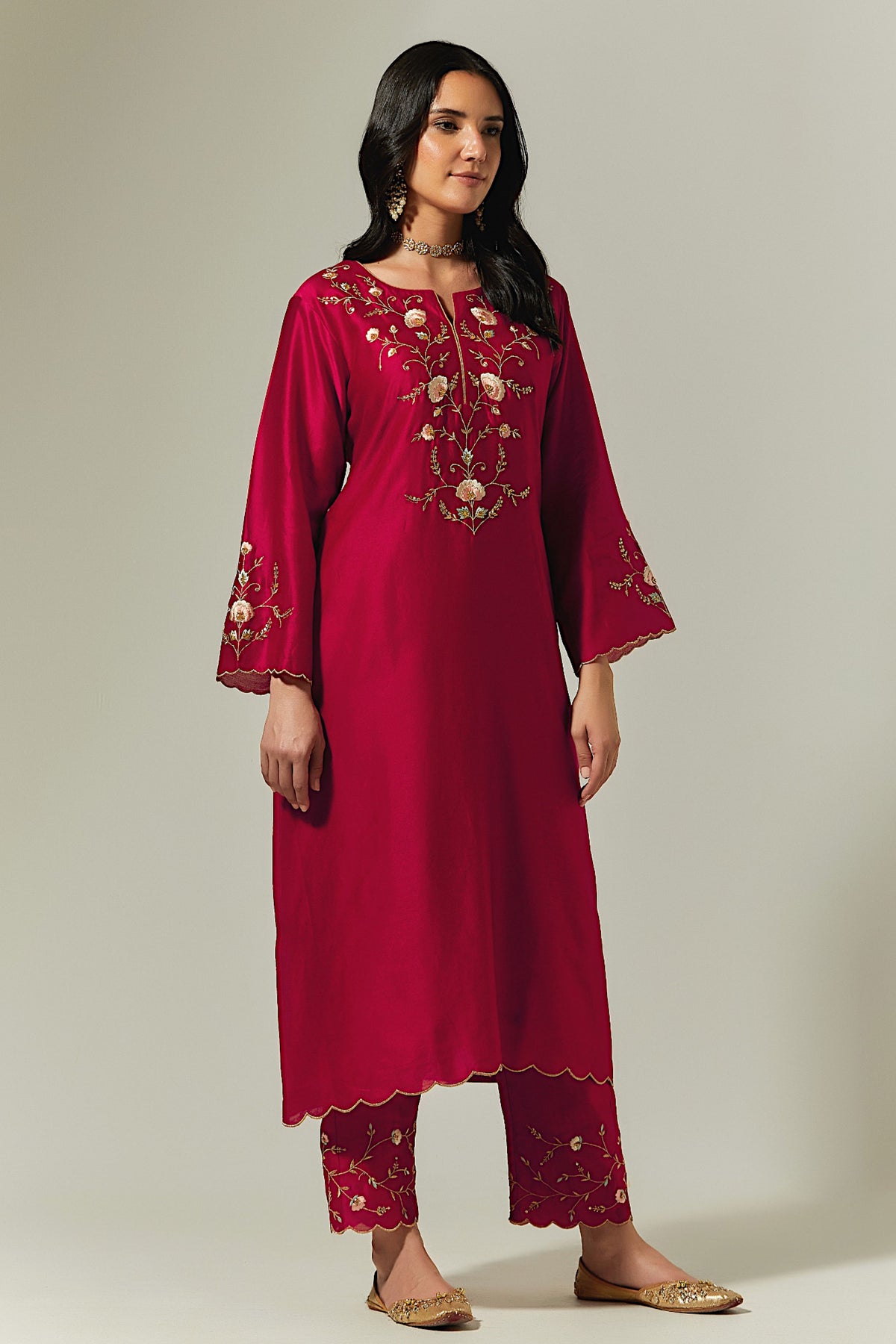 Red Silk Chanderi Hand Embroidered Kurta