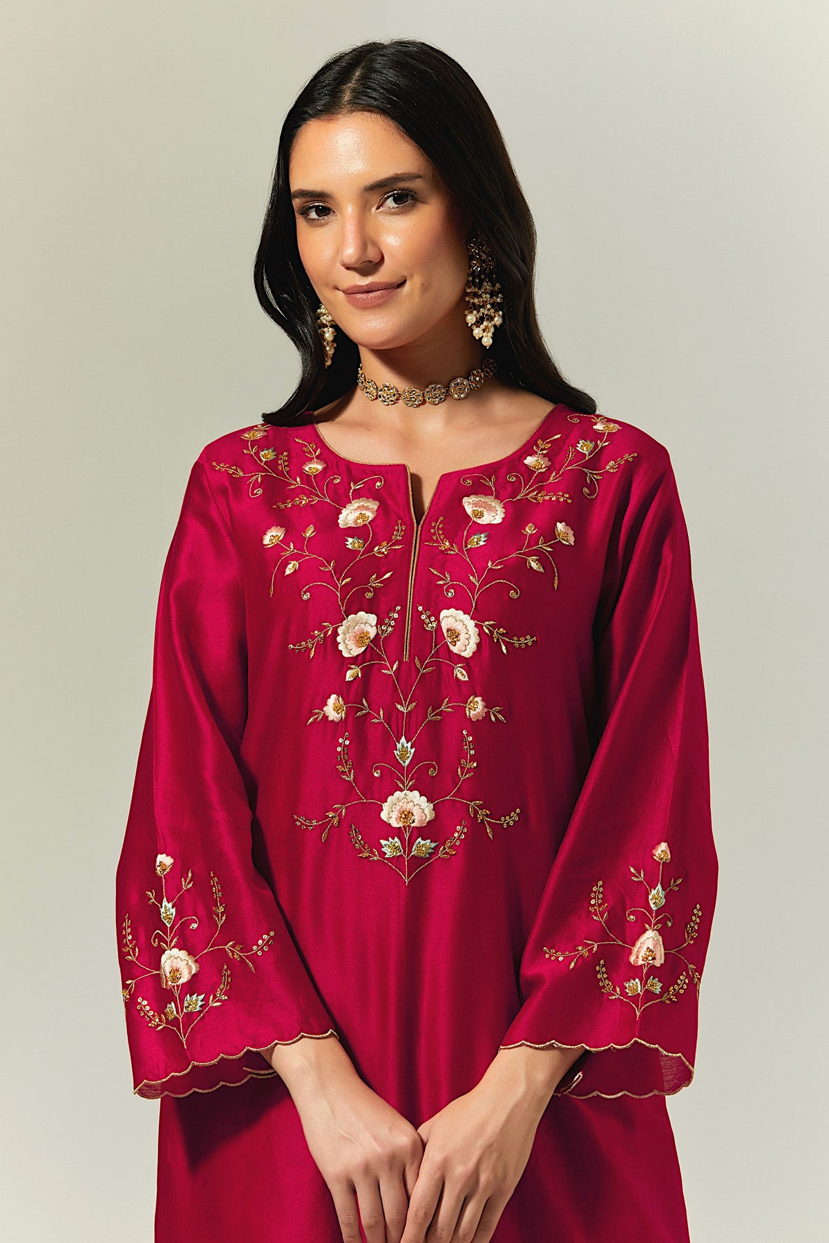 Red Silk Chanderi Hand Embroidered Kurta