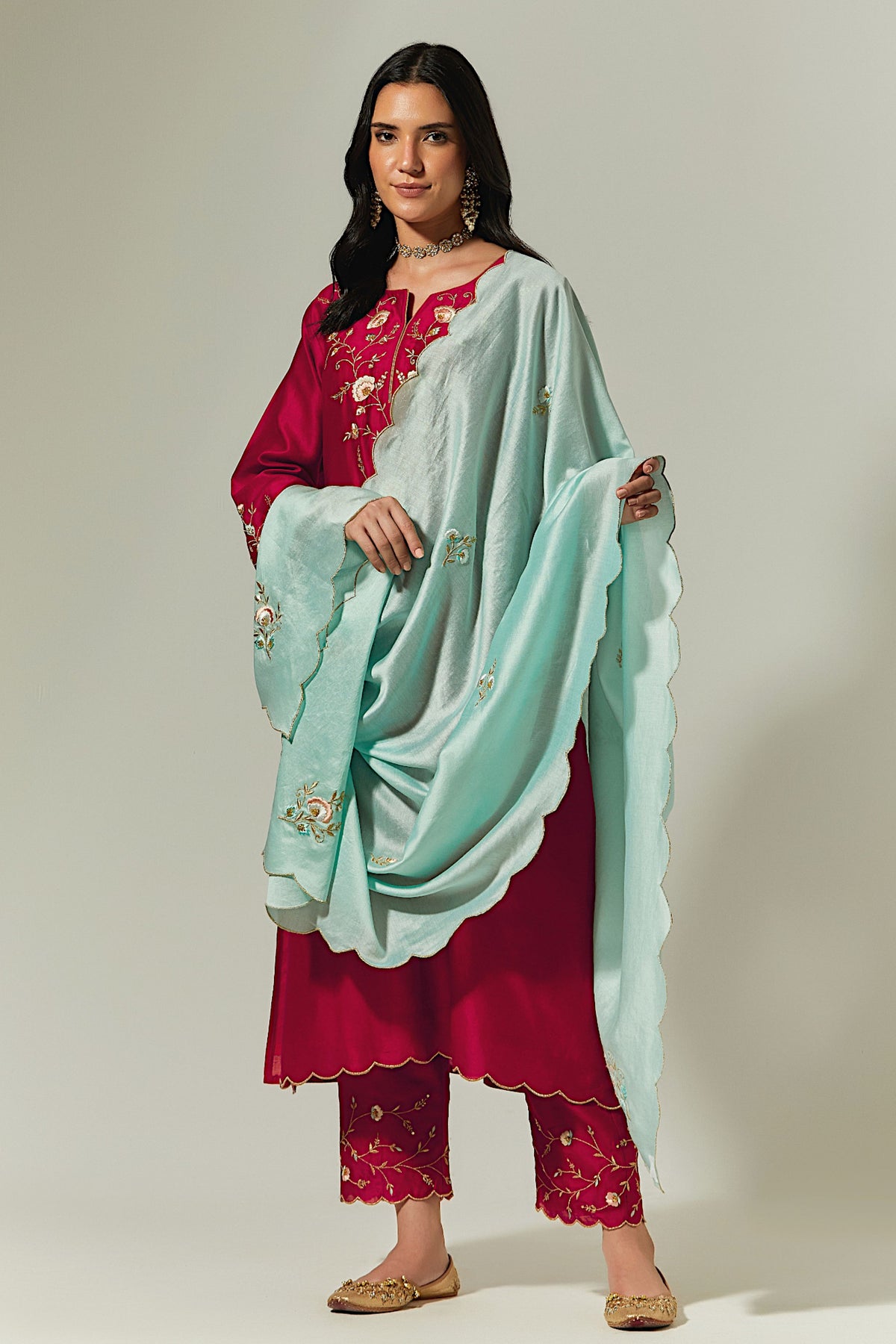 Mint  Silk Chanderi Hand Embroidered Dupatta