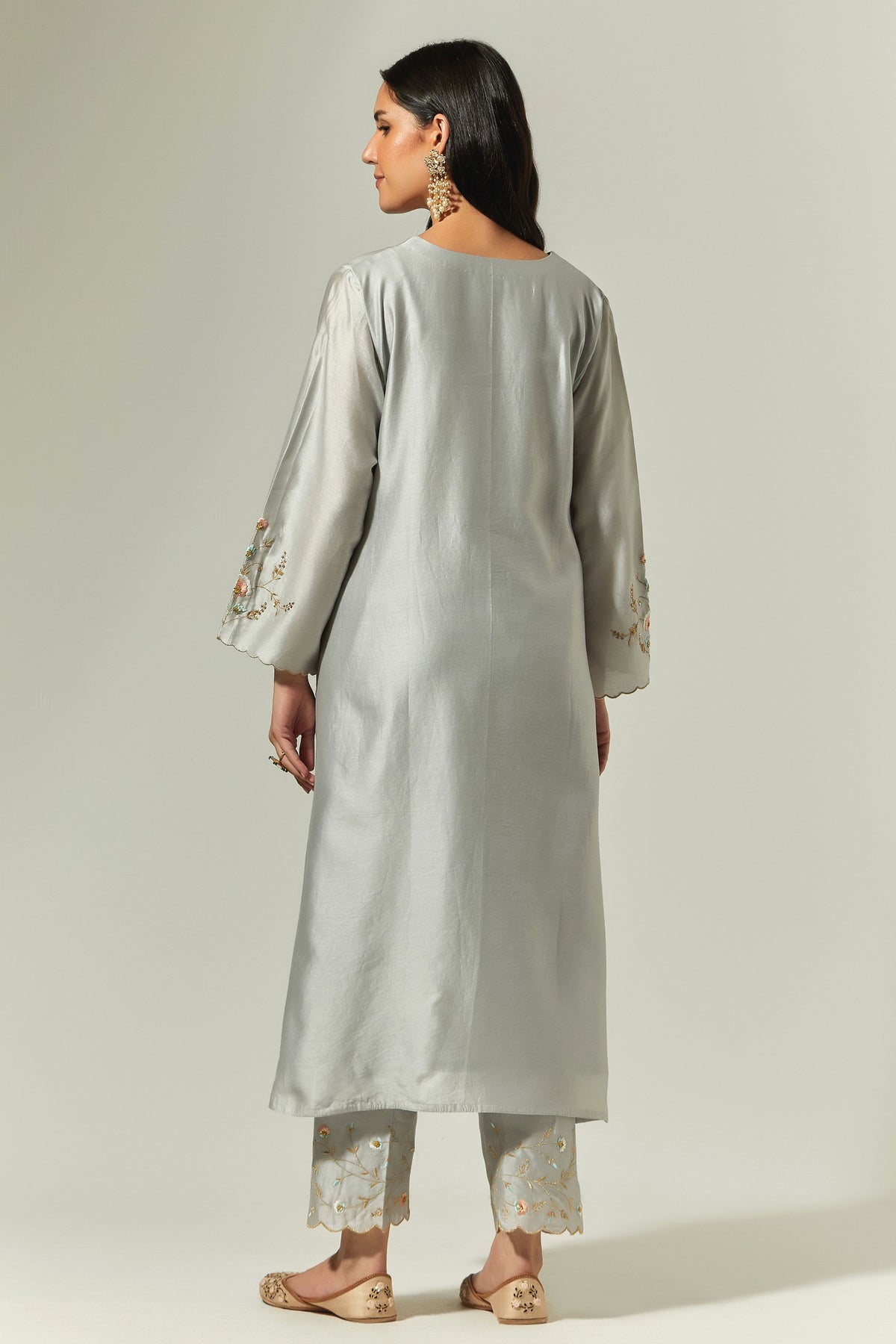 Grey Silk Chanderi Hand Embroidered Kurta