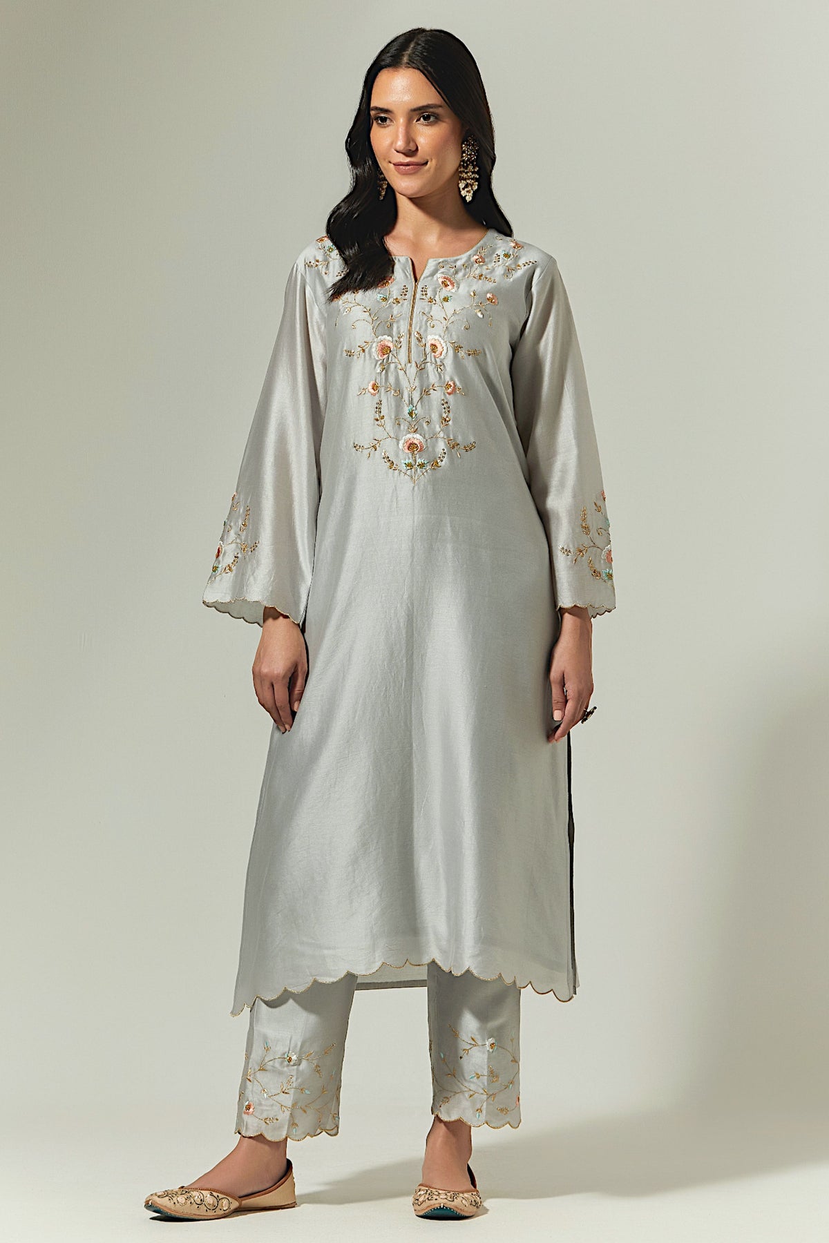 Grey Silk Chanderi Hand Embroidered Kurta