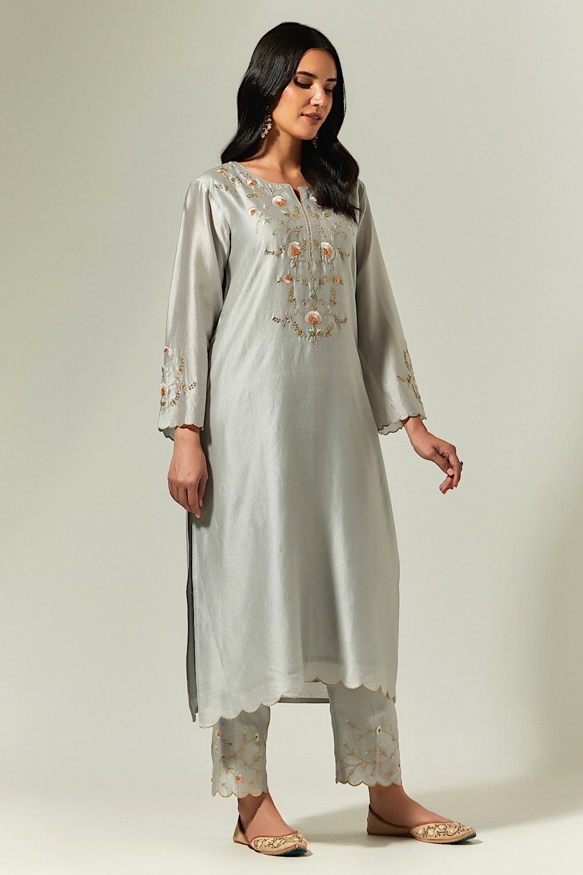 Grey Silk Chanderi Hand Embroidered Kurta