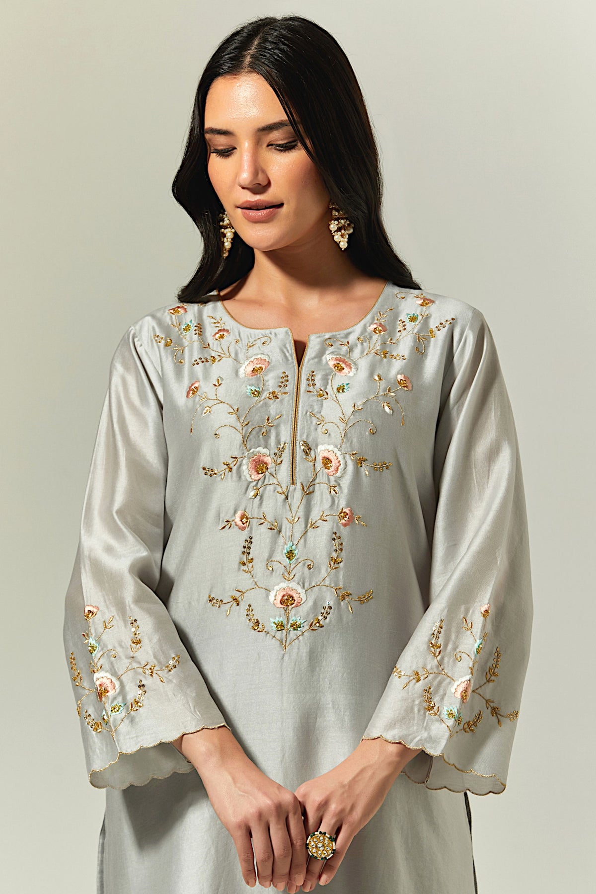 Grey Silk Chanderi Hand Embroidered Kurta