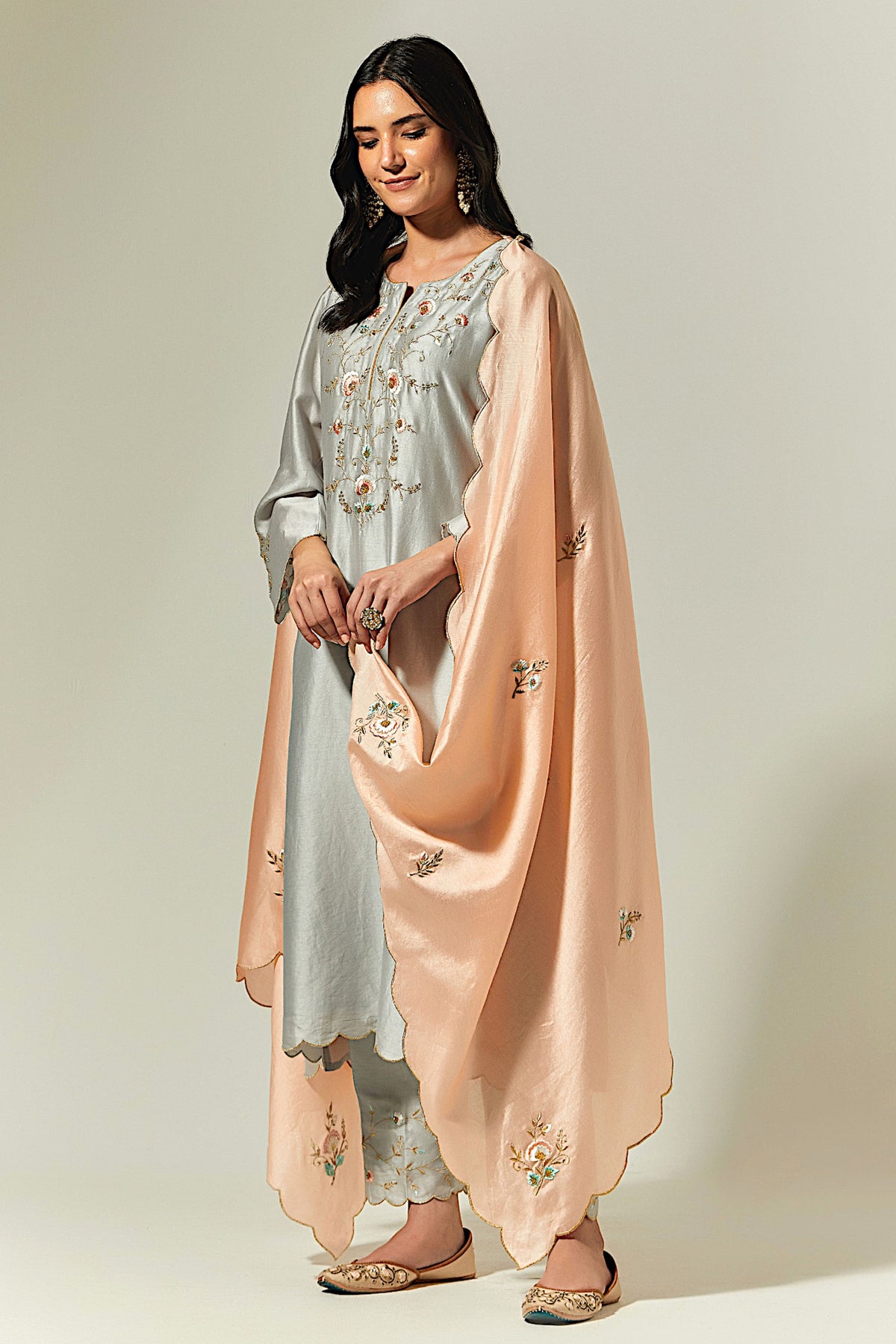 Grey Silk Chanderi Hand Embroidered Kurta