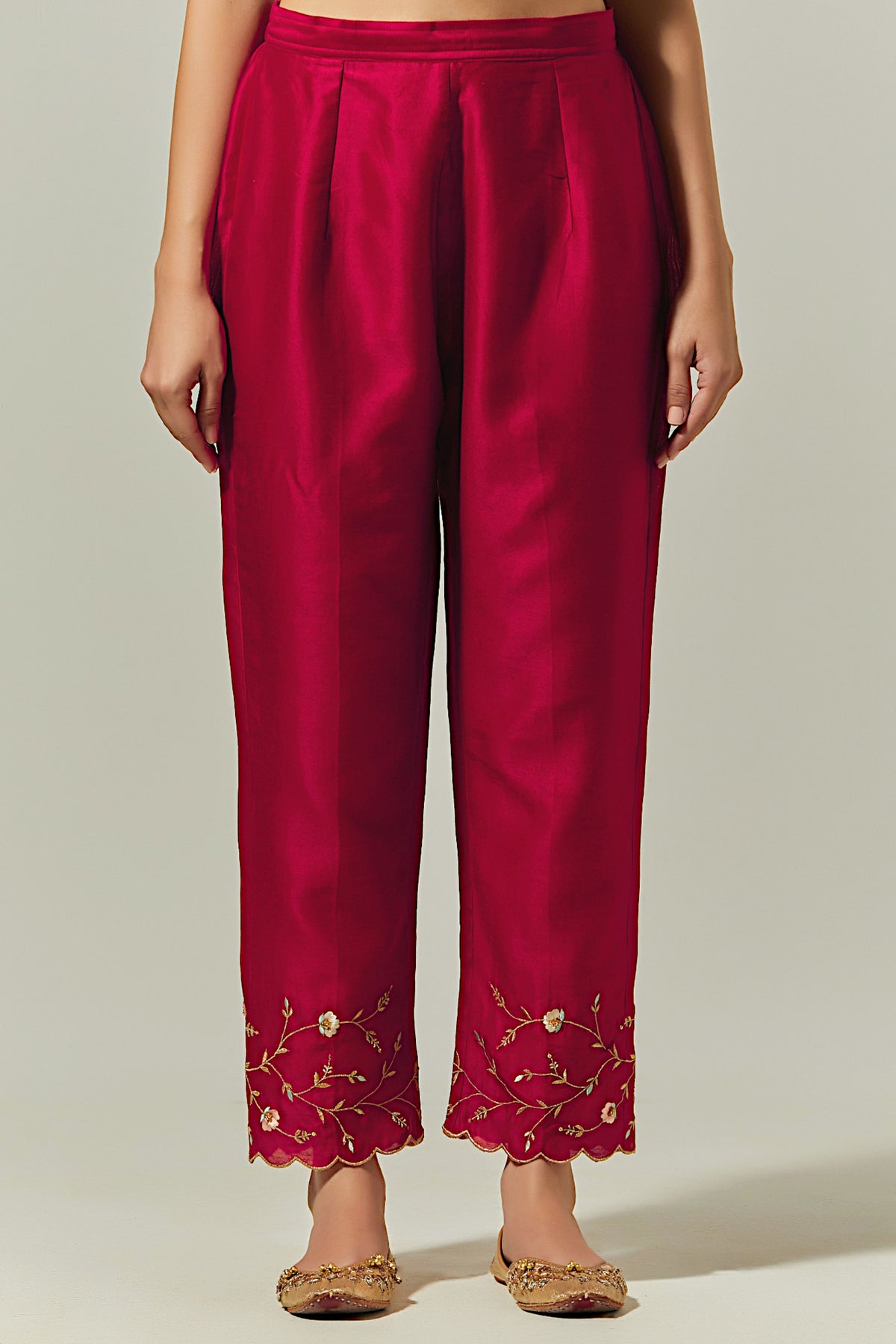 Red Silk Chanderi Palazzo With Embroidered Hem