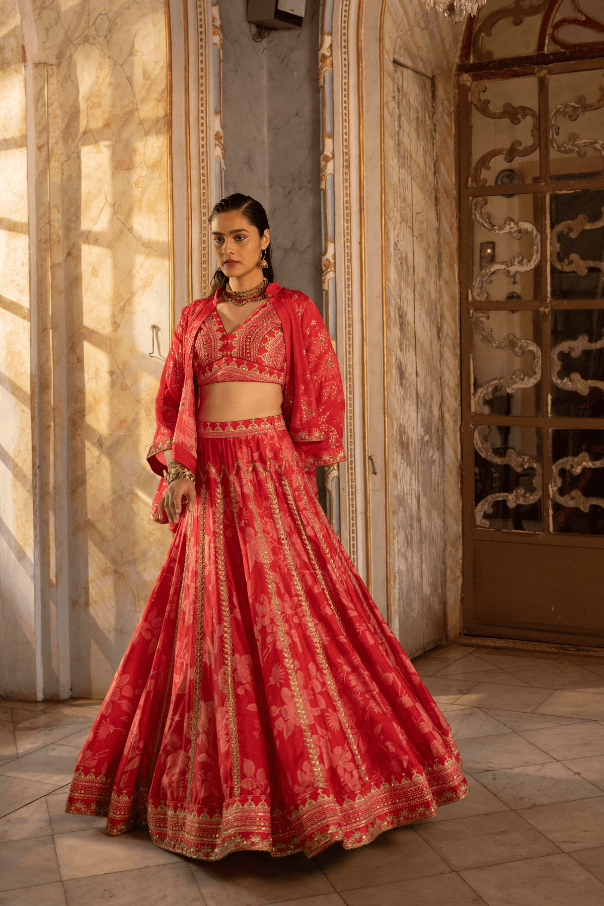 Red Mono Floral Lehenga Set