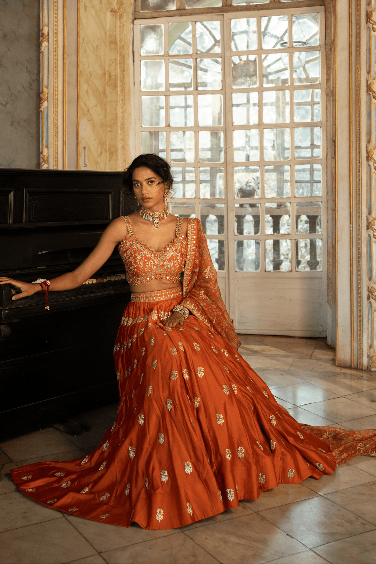 Orange Buti Embroidered Lehenga Set