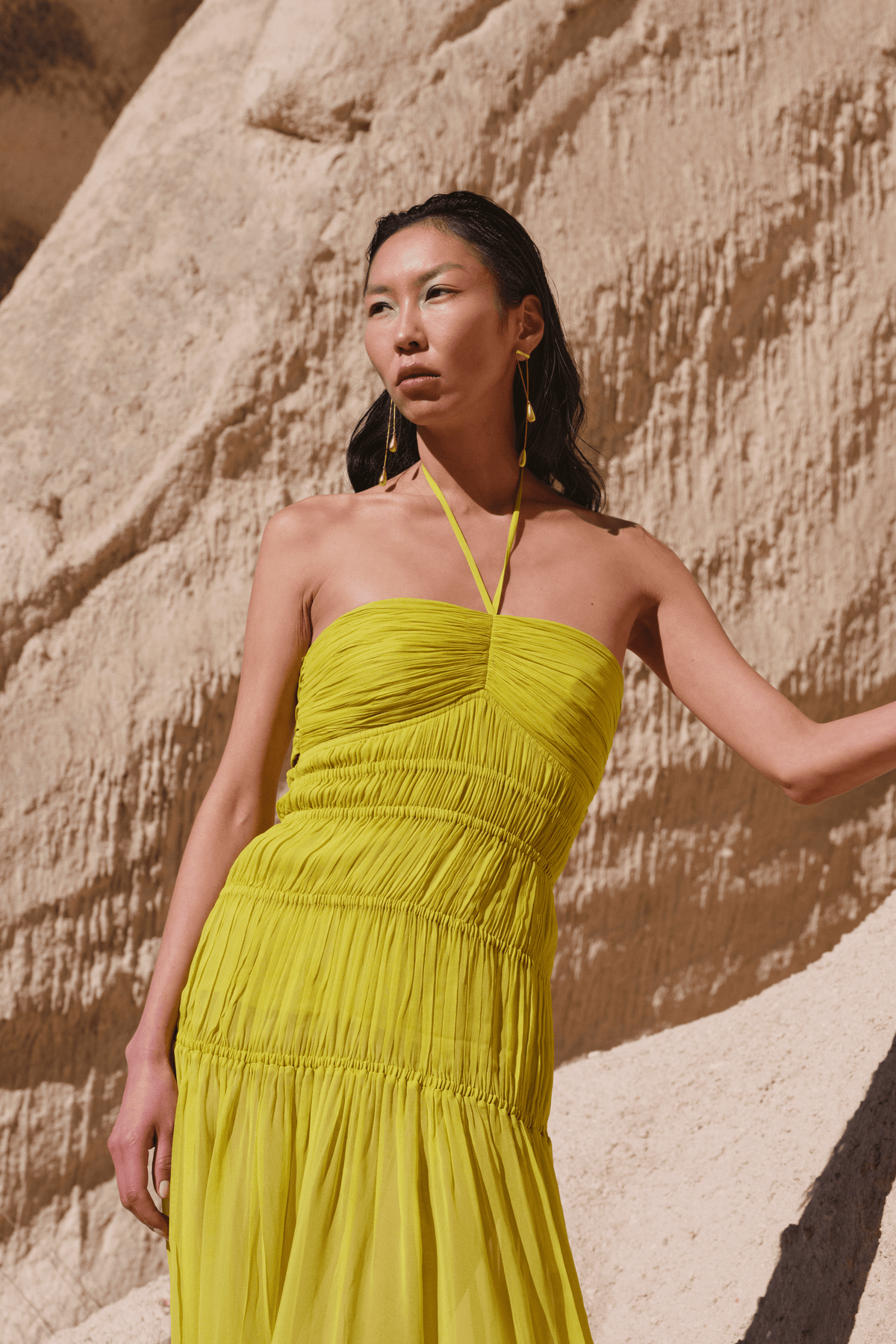 Lime Micro-pleated Off Shoulder Dress