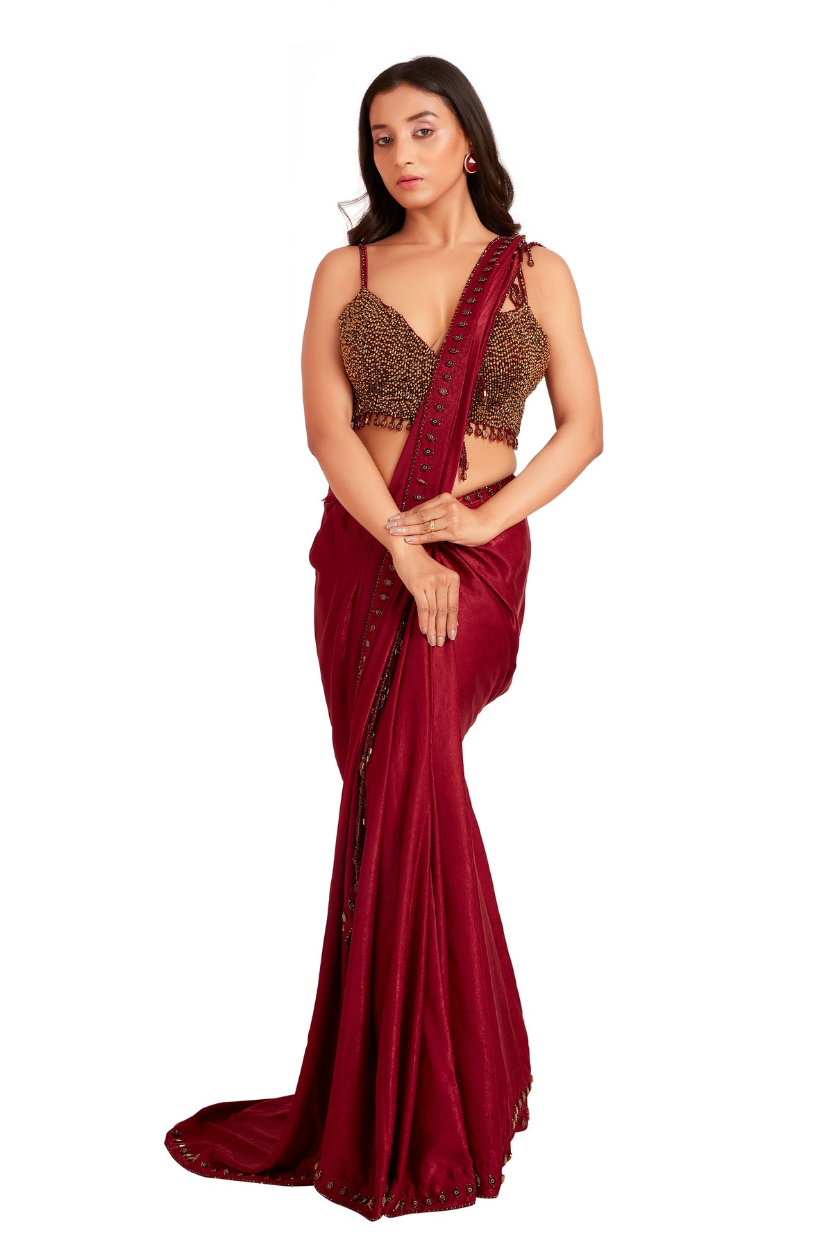 Red Tone Crystal Saree Set