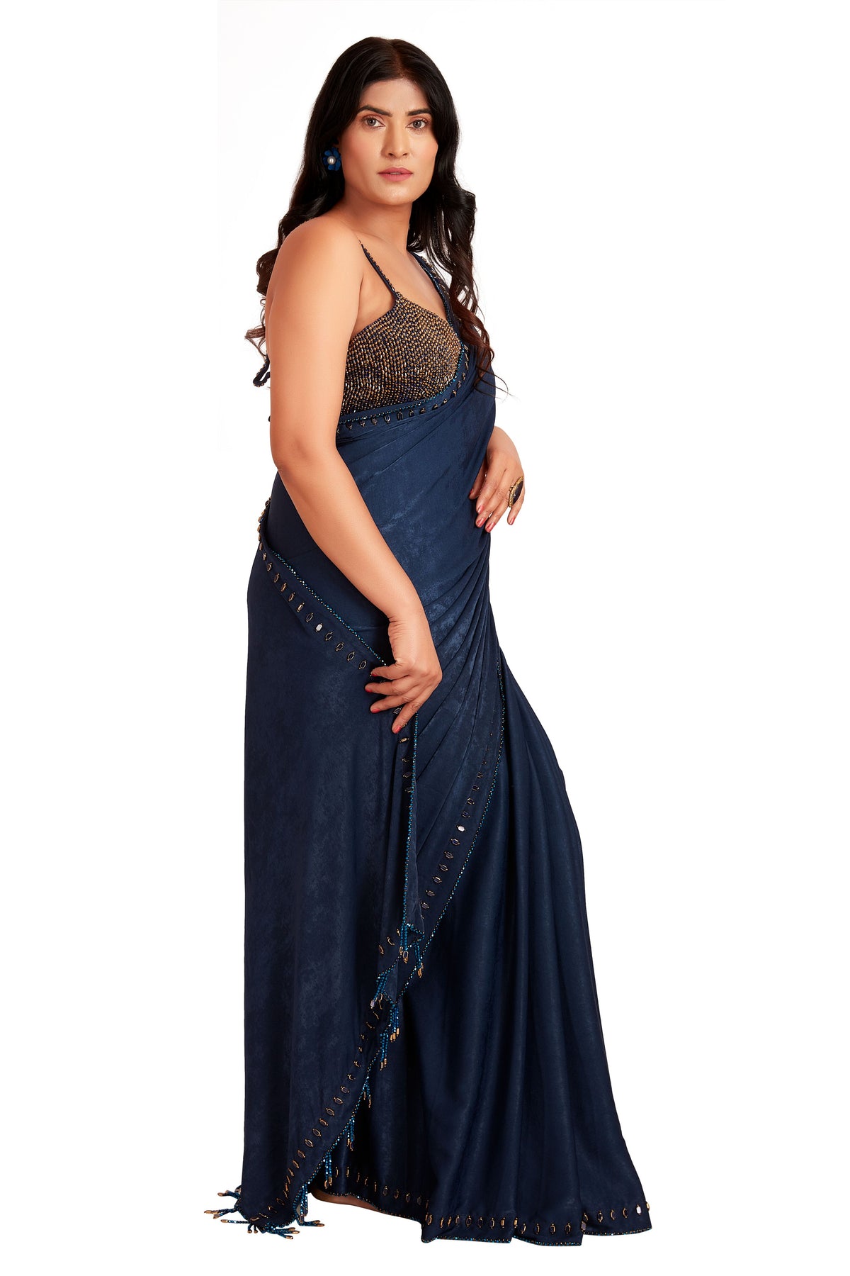 Dark Blue Tone Crystal Saree Set