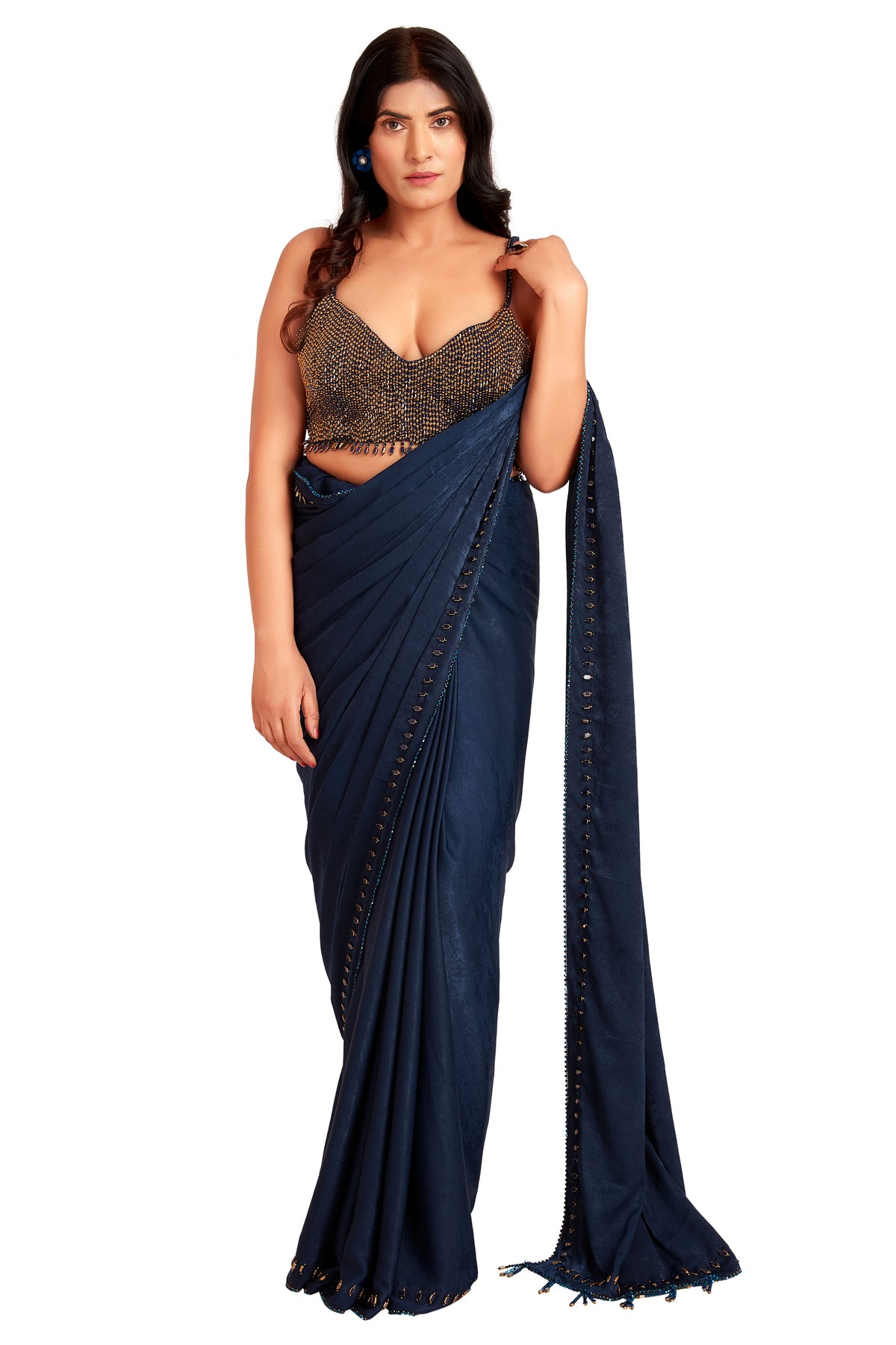 Dark Blue Tone Crystal Saree Set