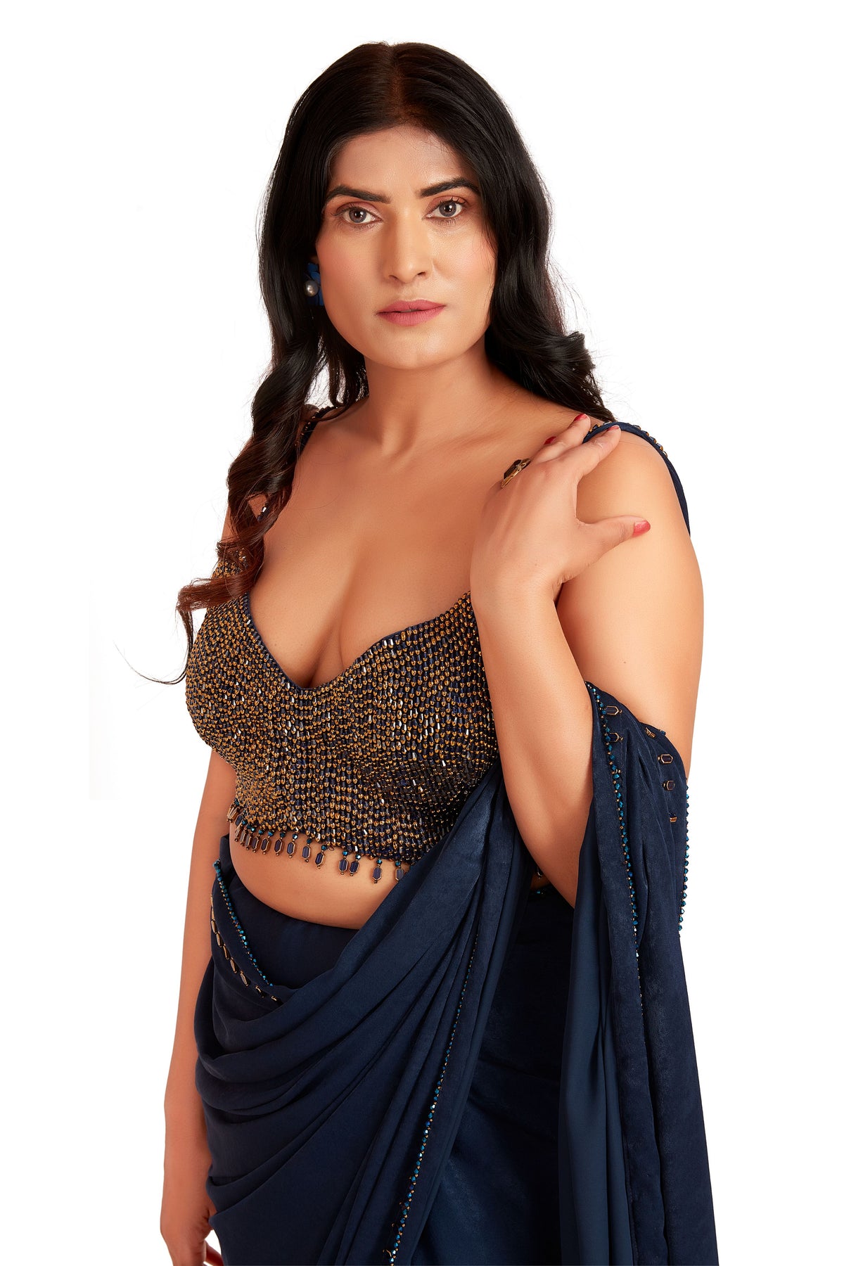 Dark Blue Tone Crystal Saree Set