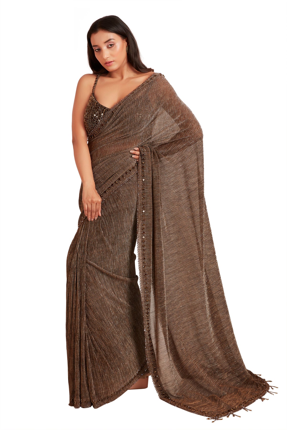 Shimmer Brown Crystal Saree Set