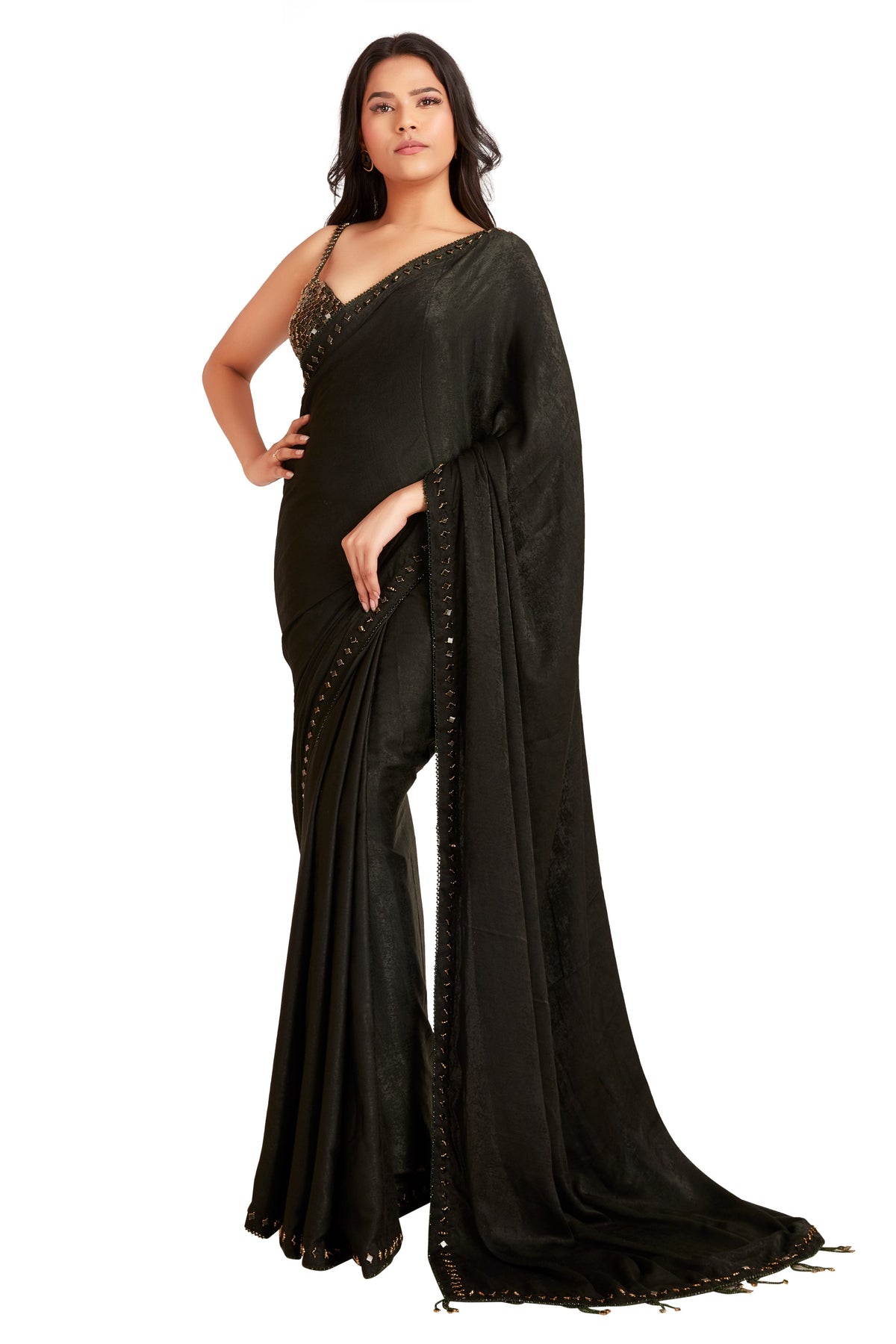 Dark Grey Crystal Saree Set