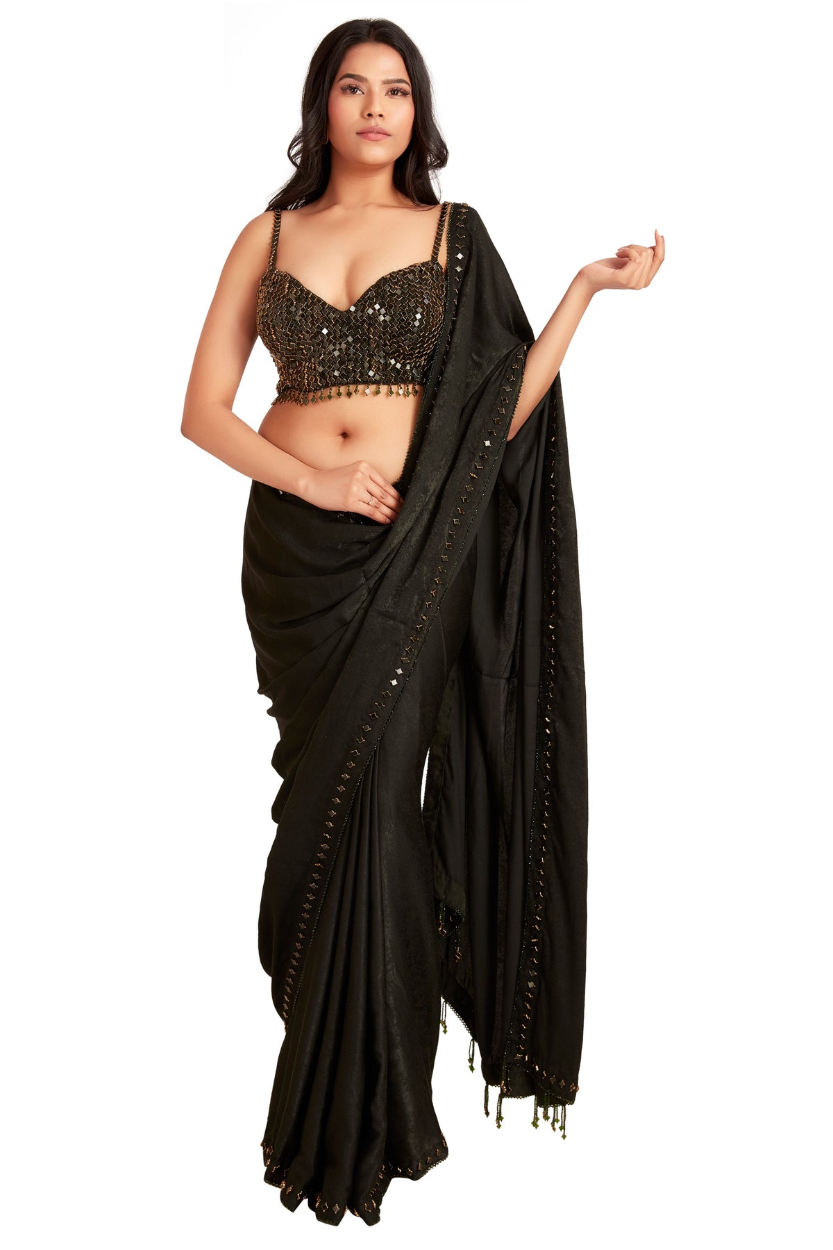 Dark Grey Crystal Saree Set