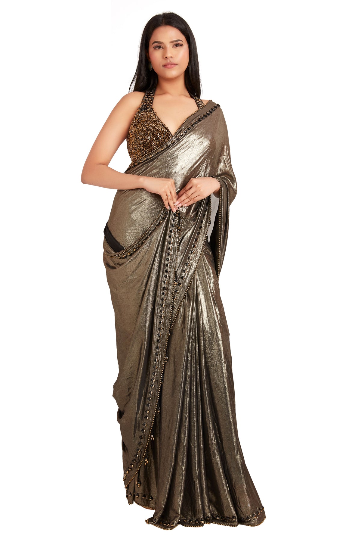 Black Glass Crystal Saree Set