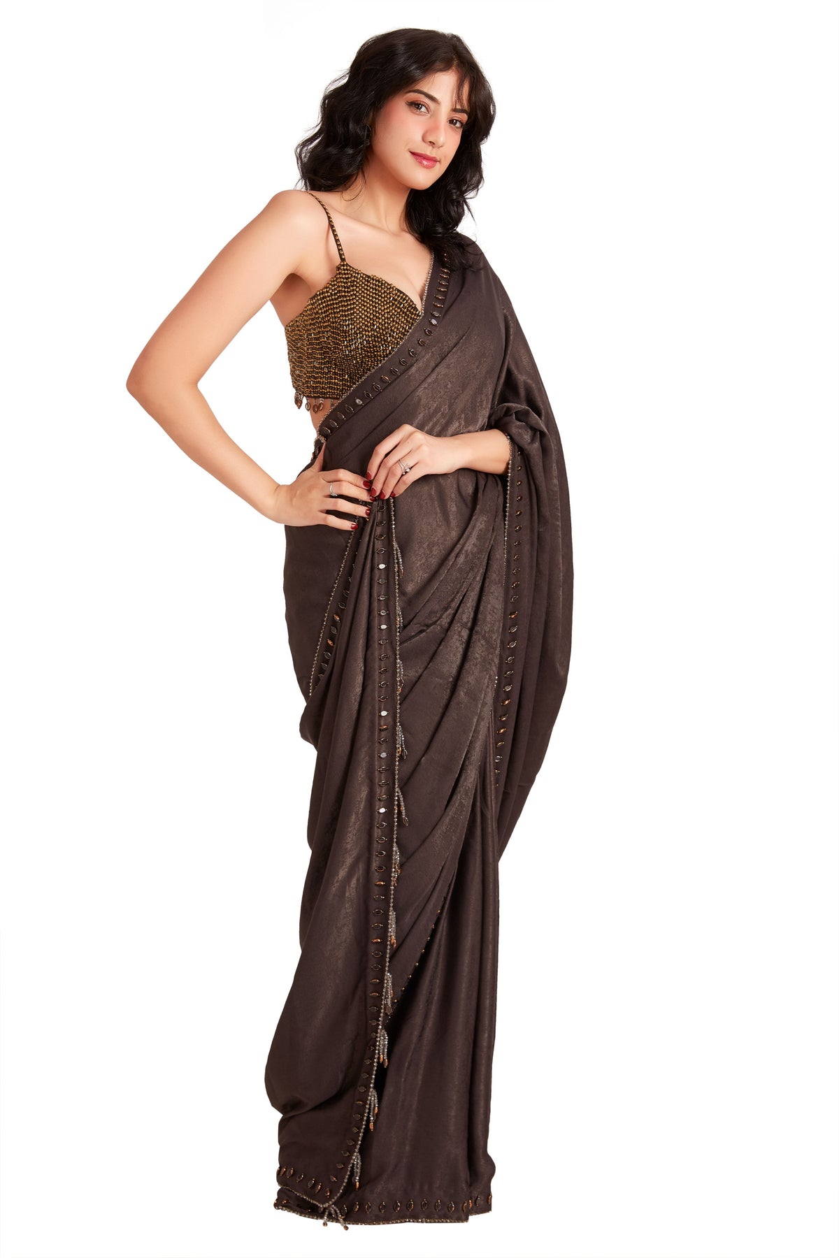 Grey Crystal Saree Set