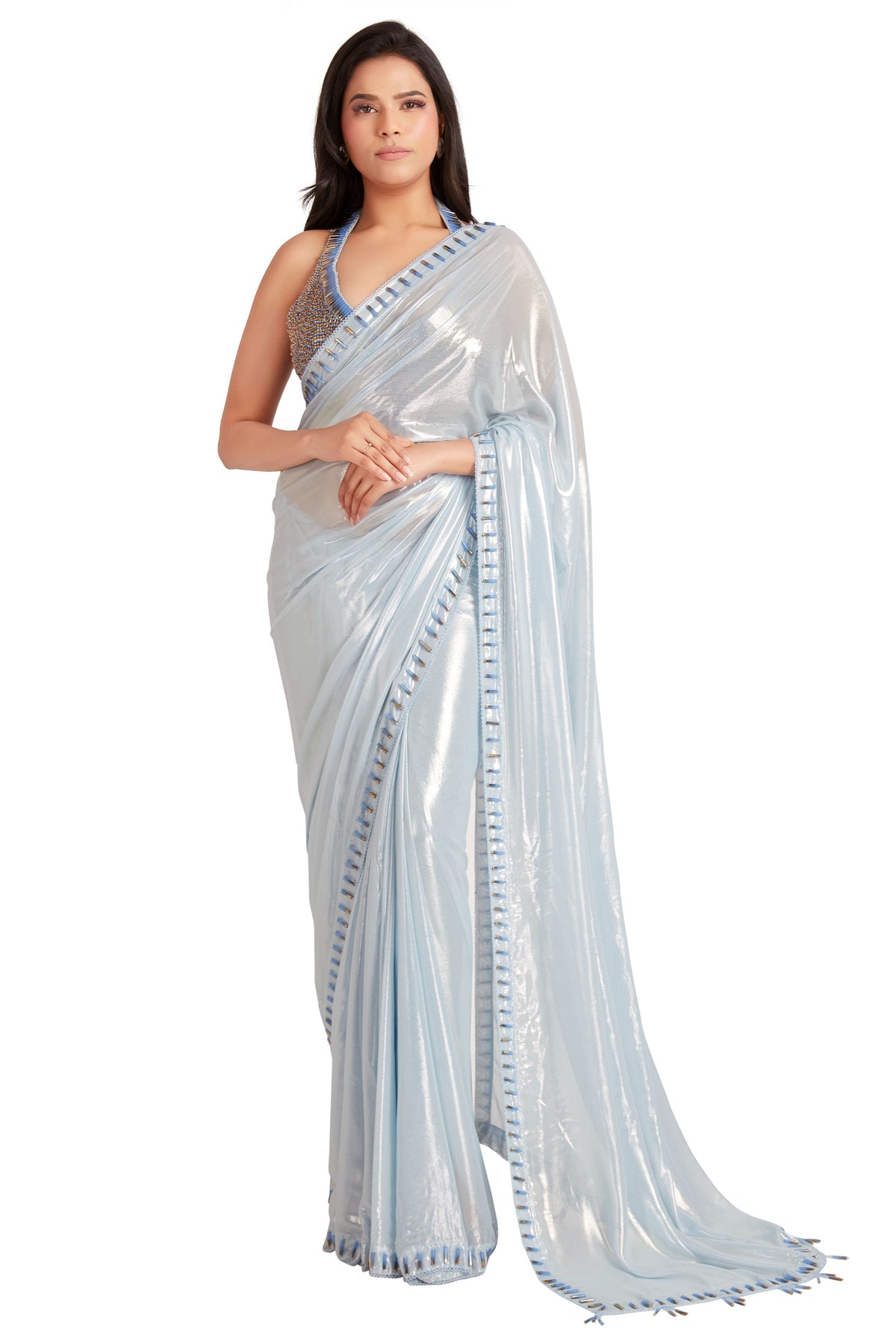 Sky Blue Crystal Saree Set