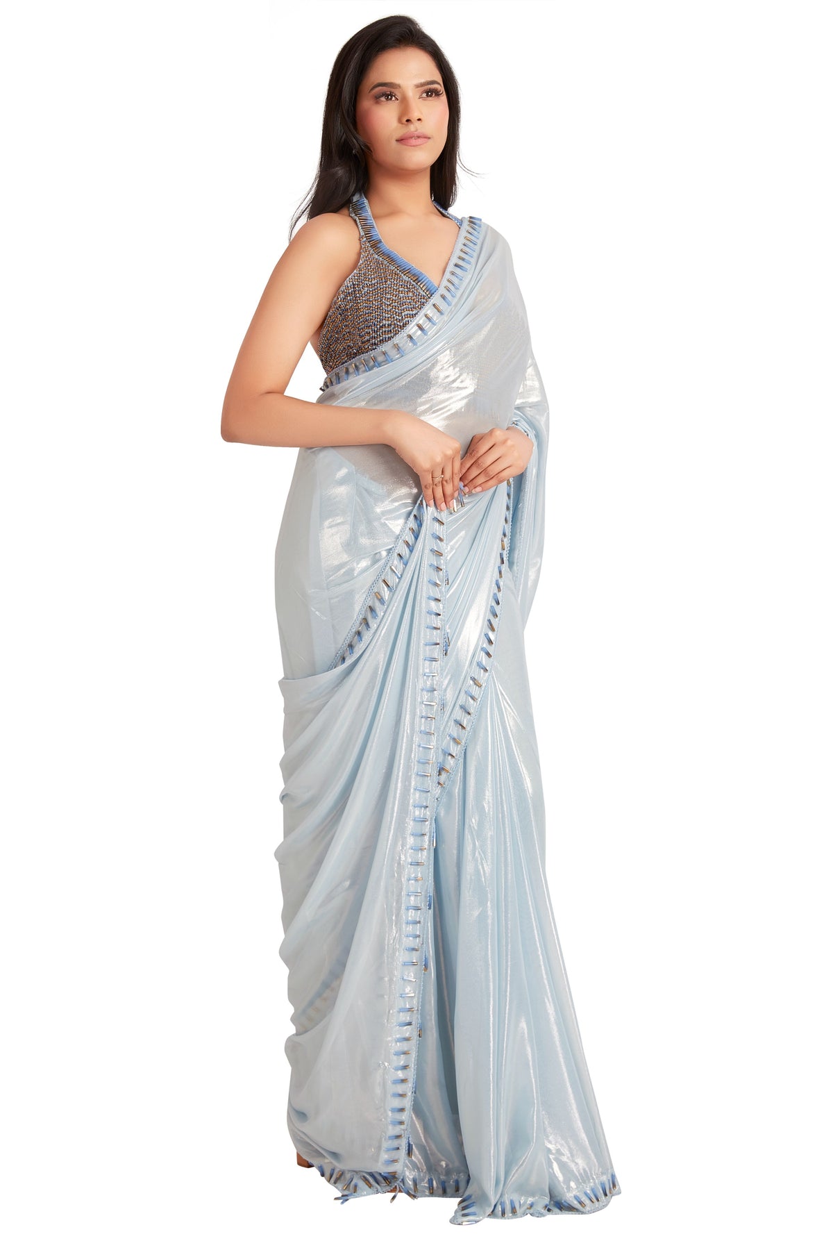 Sky Blue Crystal Saree Set