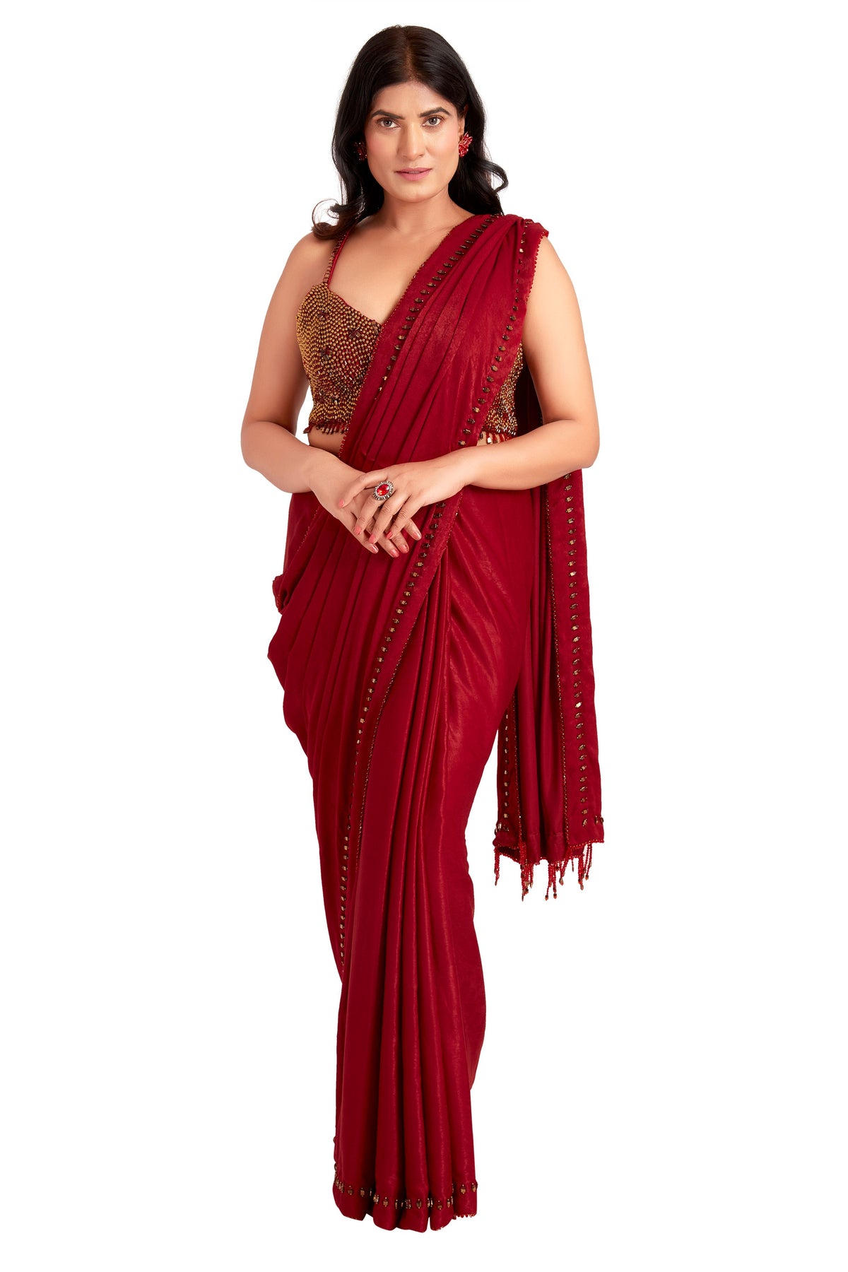 Red Crystal Saree Set