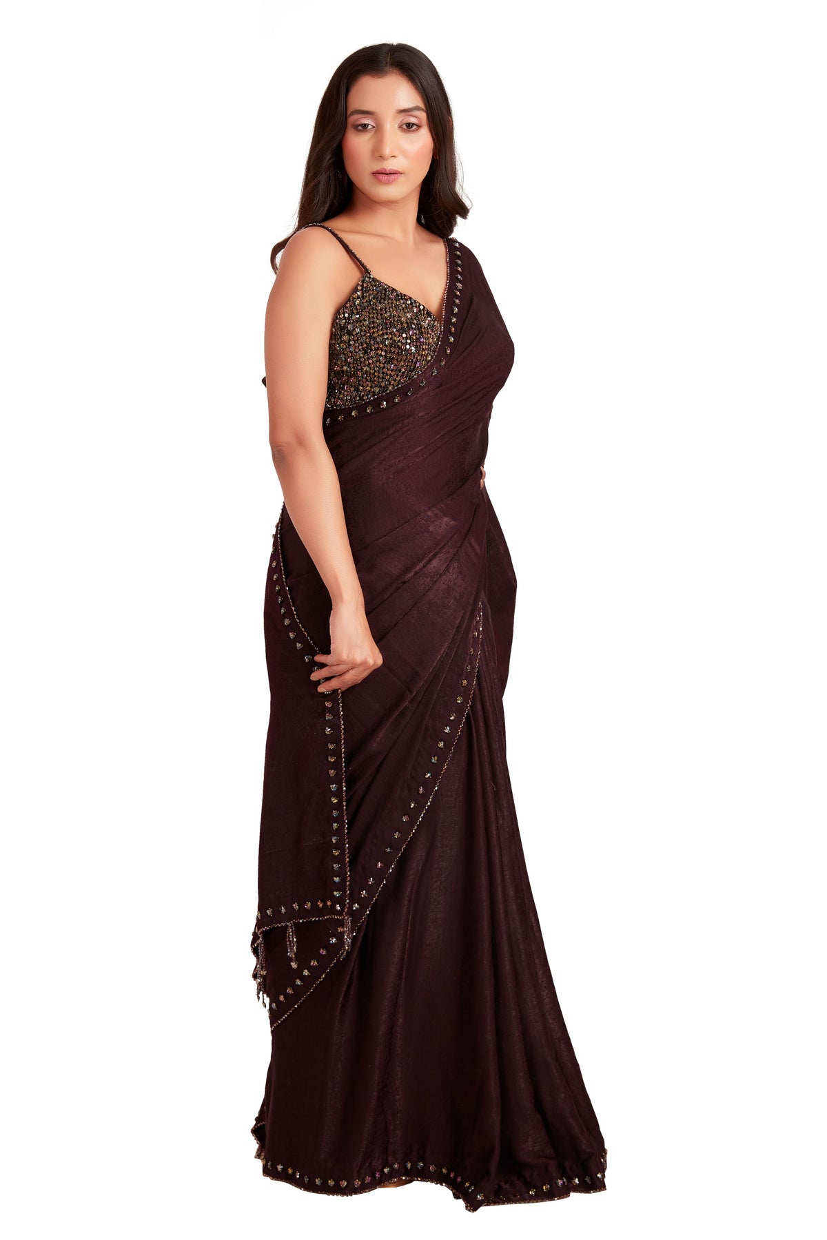 Brown Crystal Saree Set