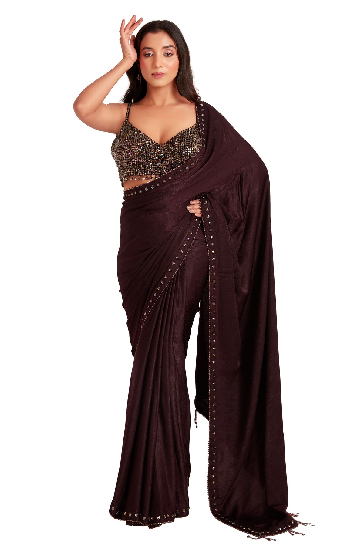 Brown Crystal Saree Set