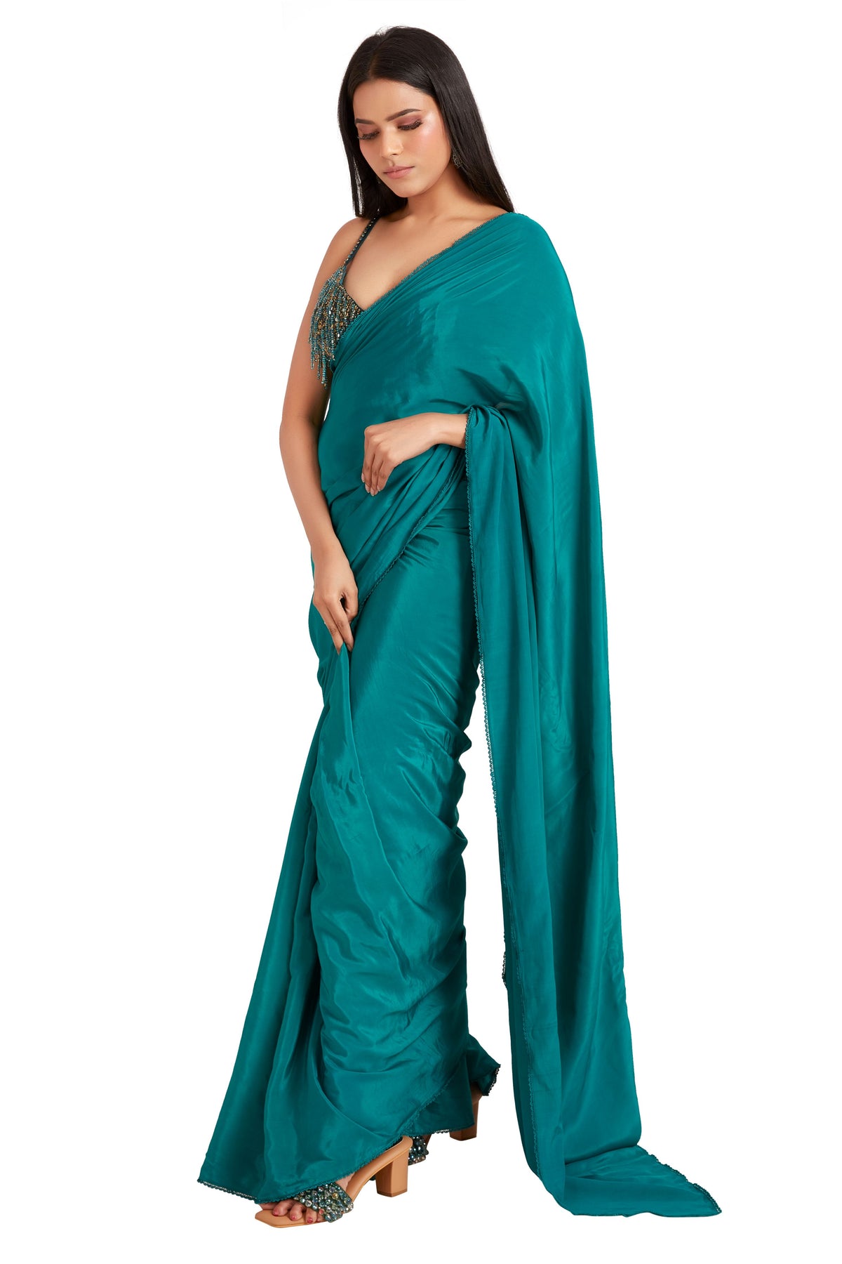 Green Drop Crystal Saree Set