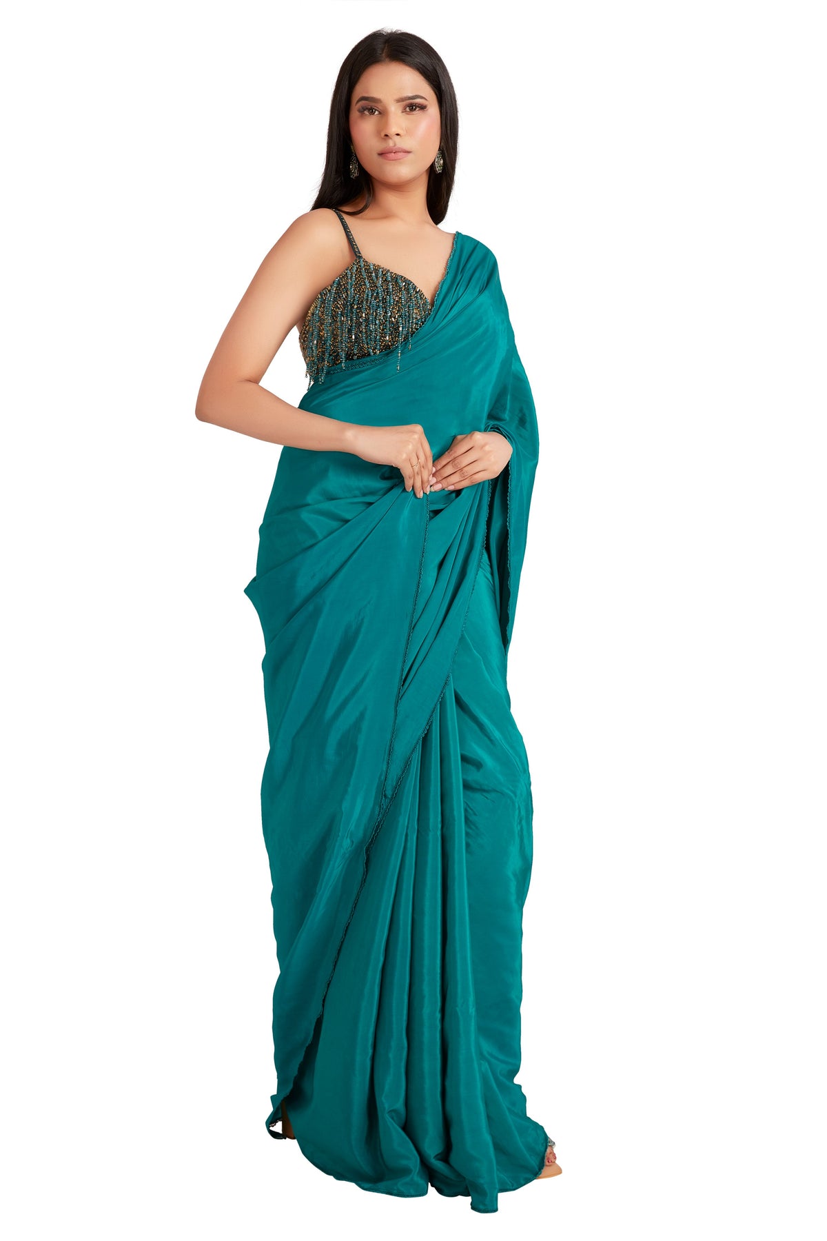 Green Drop Crystal Saree Set