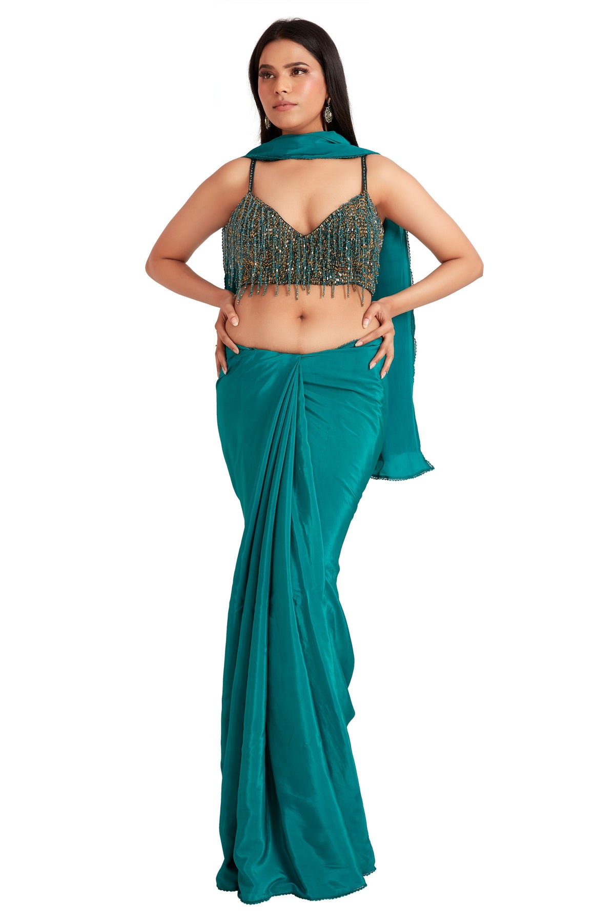 Green Drop Crystal Saree Set