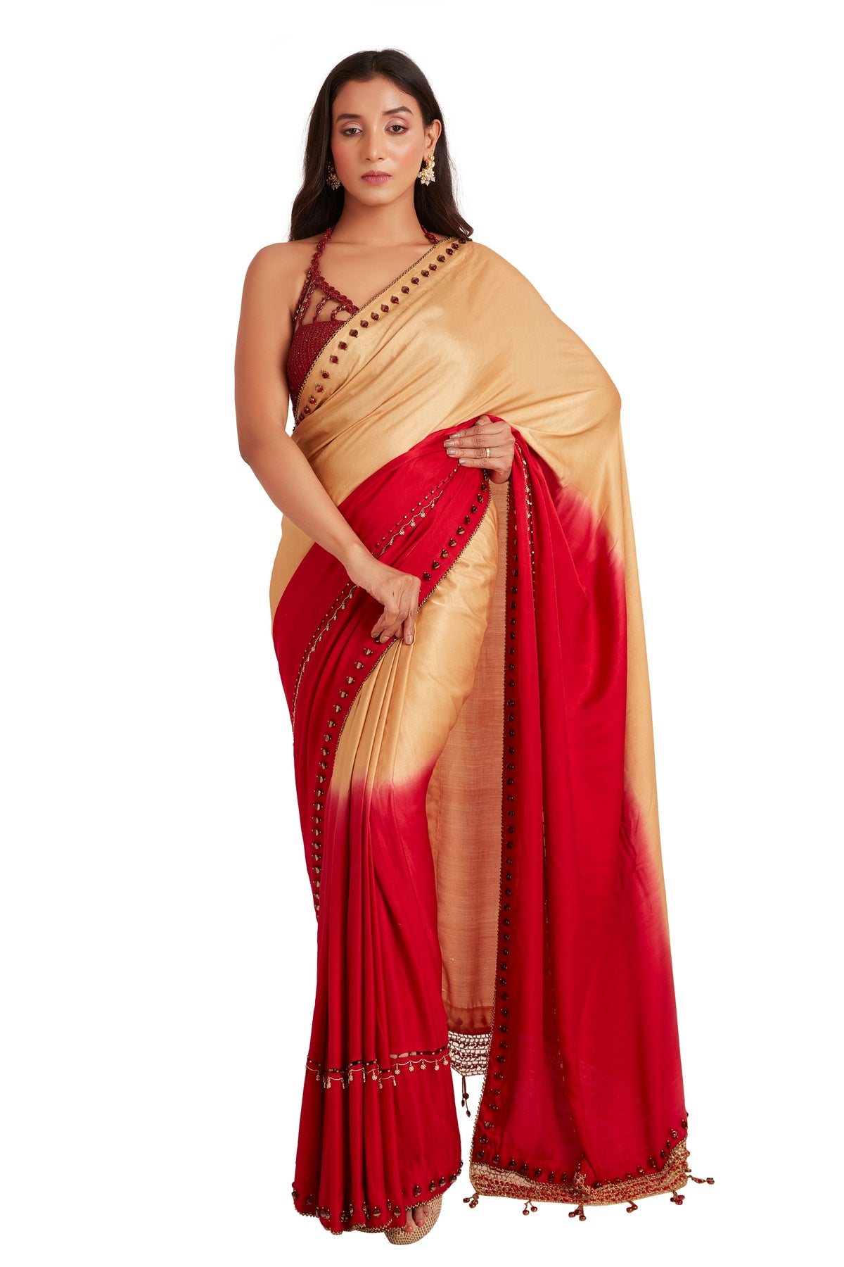 Red Shaded Crystal Saree Set