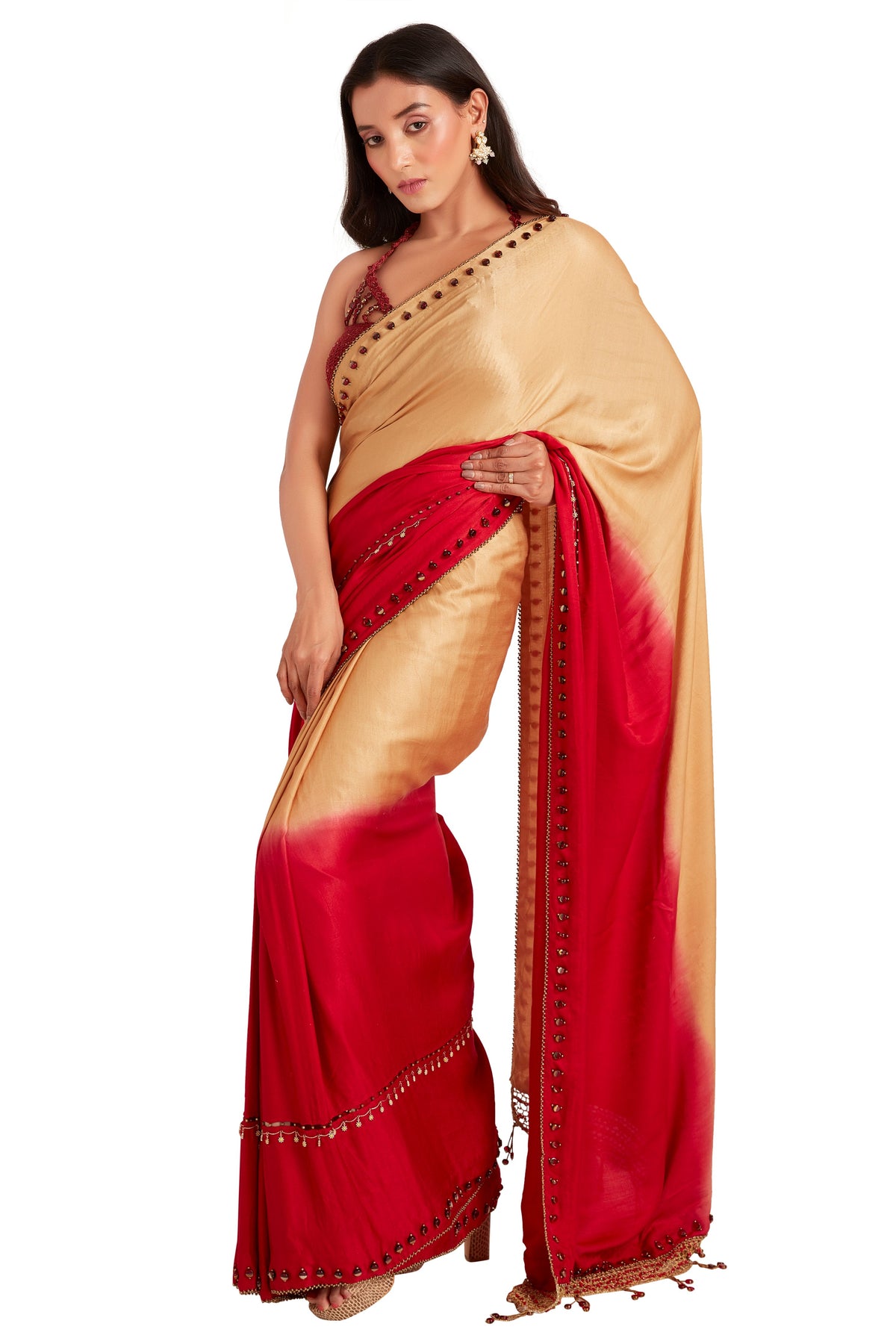 Red Shaded Crystal Saree Set