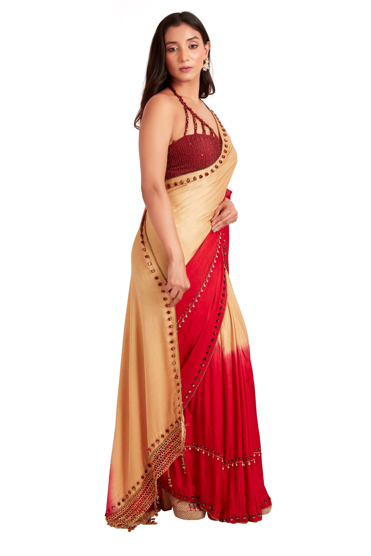 Red Shaded Crystal Saree Set