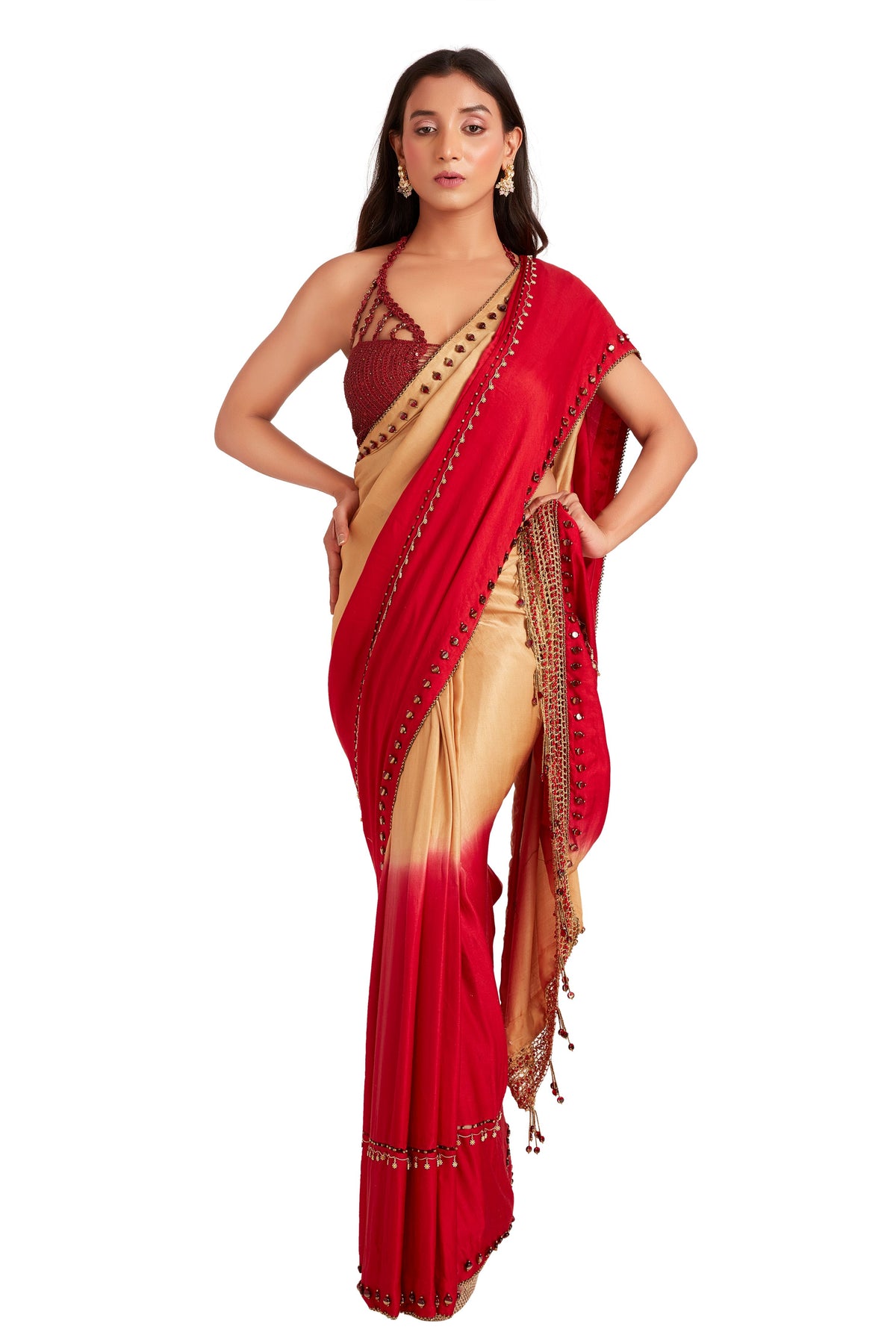 Red Shaded Crystal Saree Set