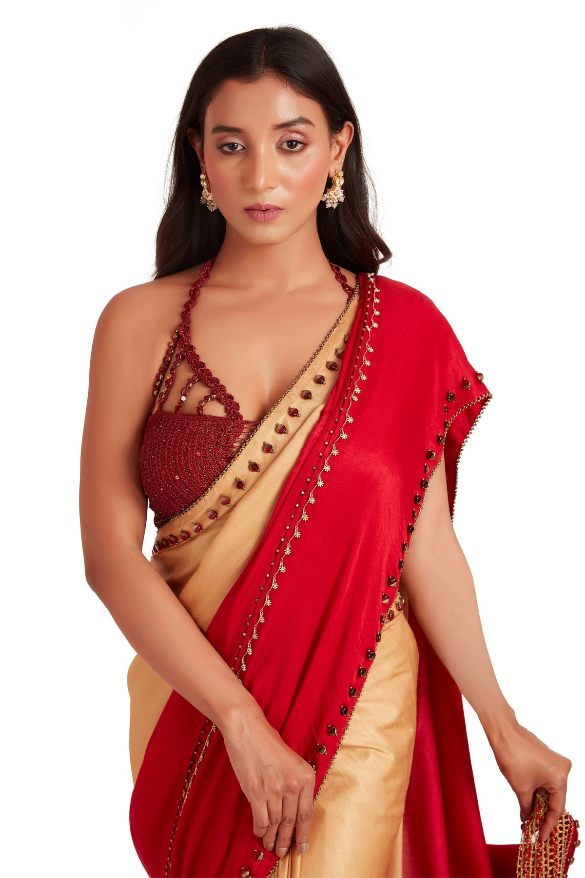 Red Shaded Crystal Saree Set