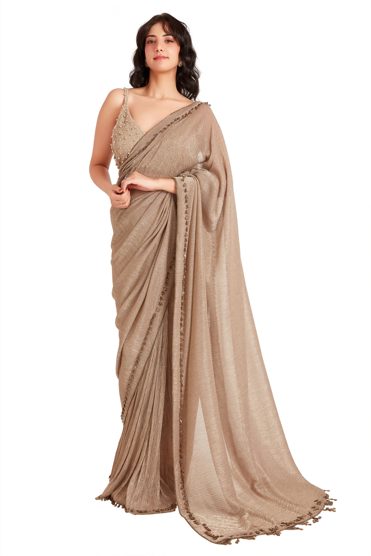 Tan Shimmer Crystal Saree Set