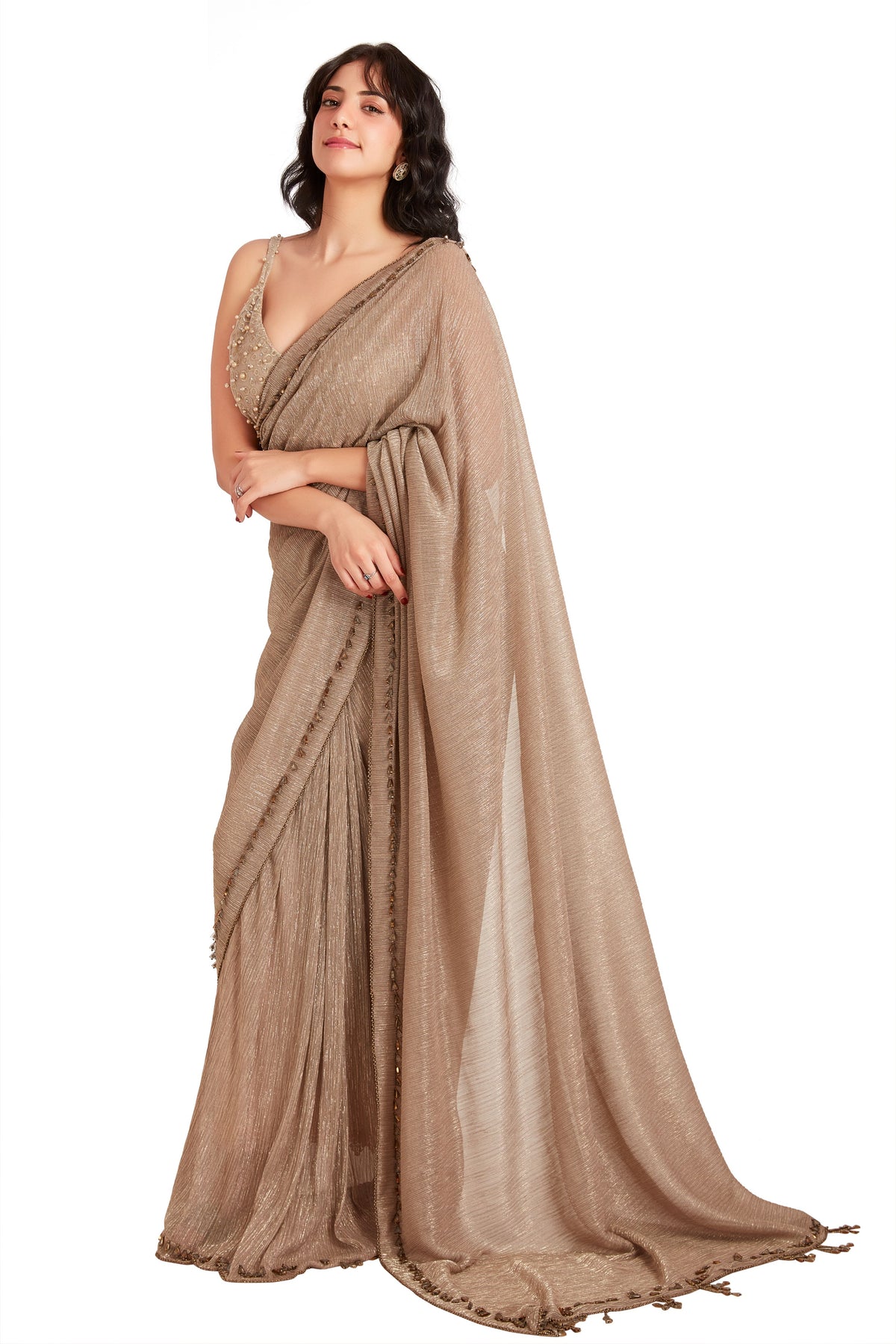 Tan Shimmer Crystal Saree Set