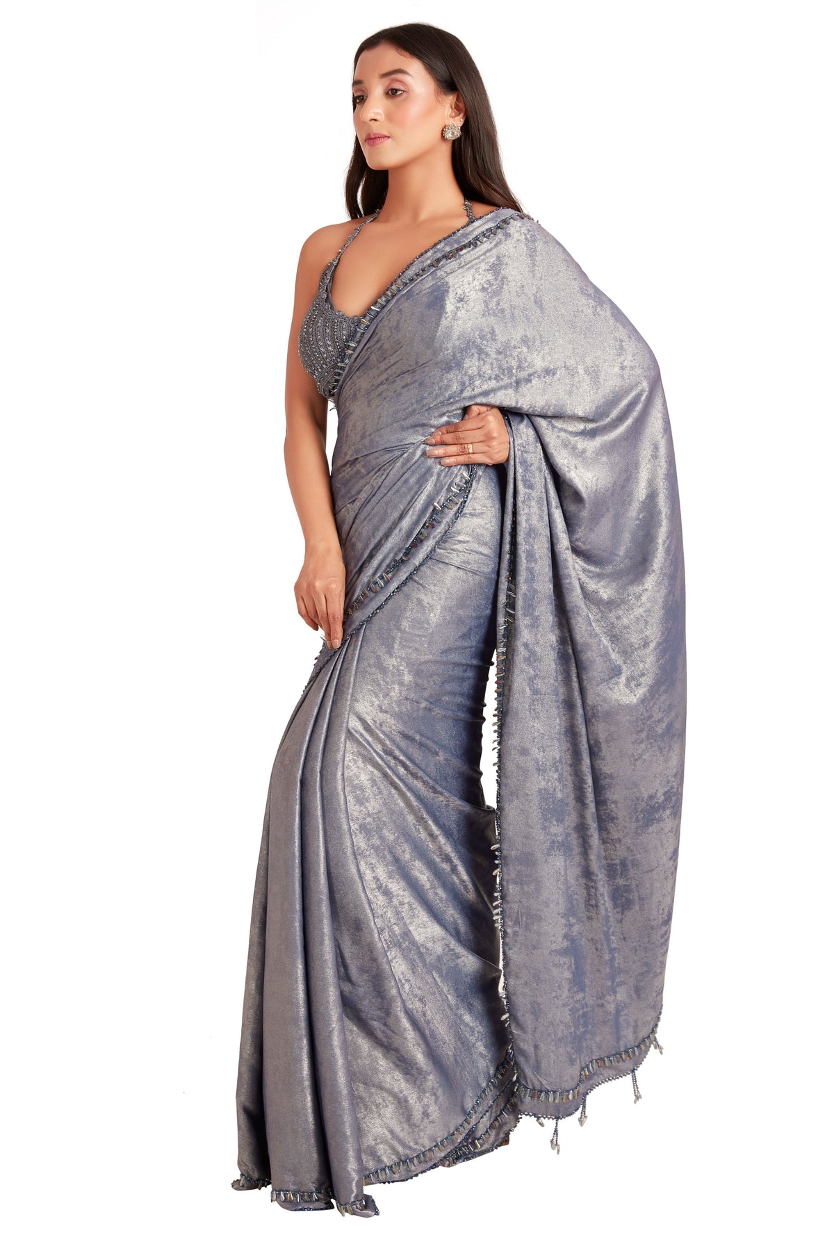 Grey Foiled Crystal Saree Set