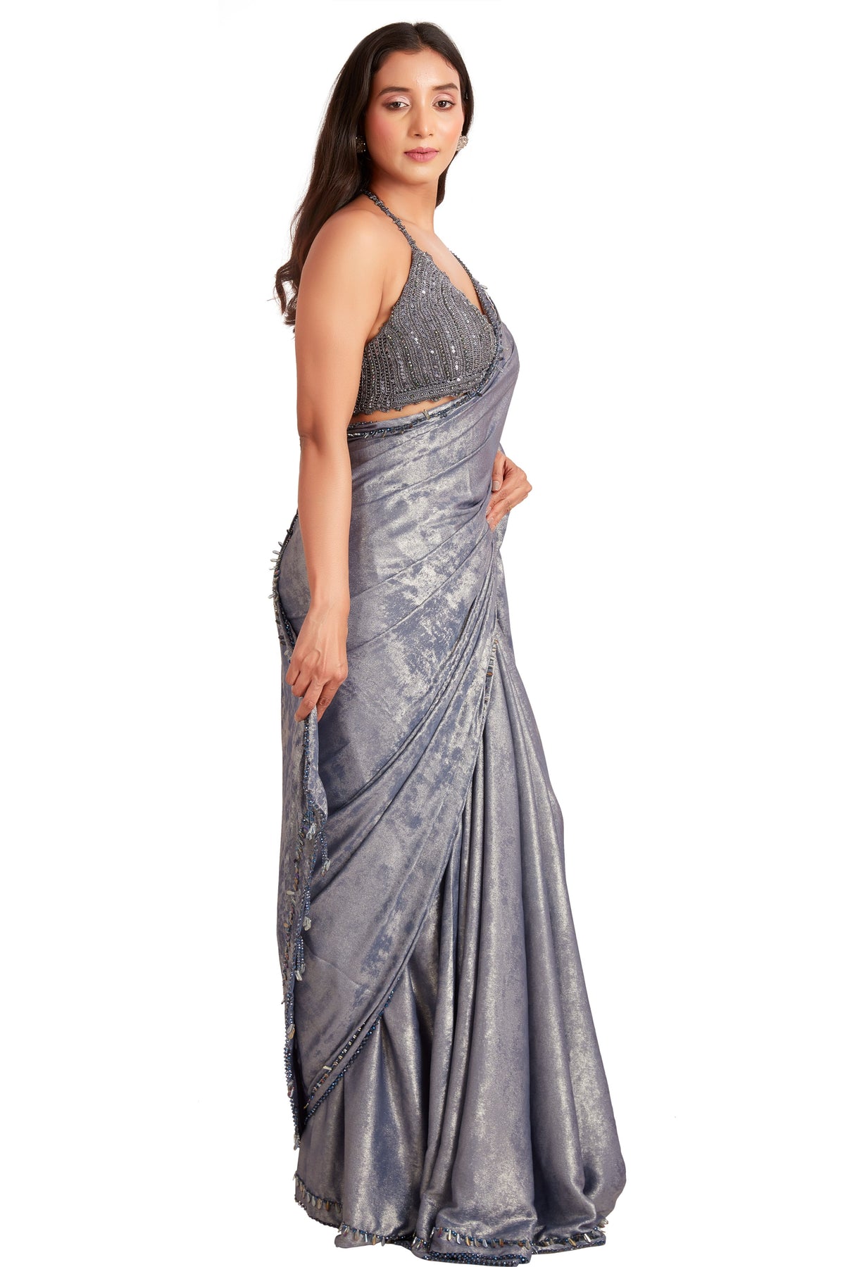 Grey Foiled Crystal Saree Set